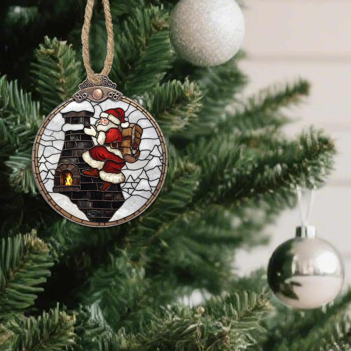 HWRHTR Stained Glass Christmas Decorations, Santa Claus Chimney Suncatcher for Window Christmas Tree Hanging Ornaments White Sun Catcher Xmas Decor Gifts for Little Girl Women Men Mom Nana Friend