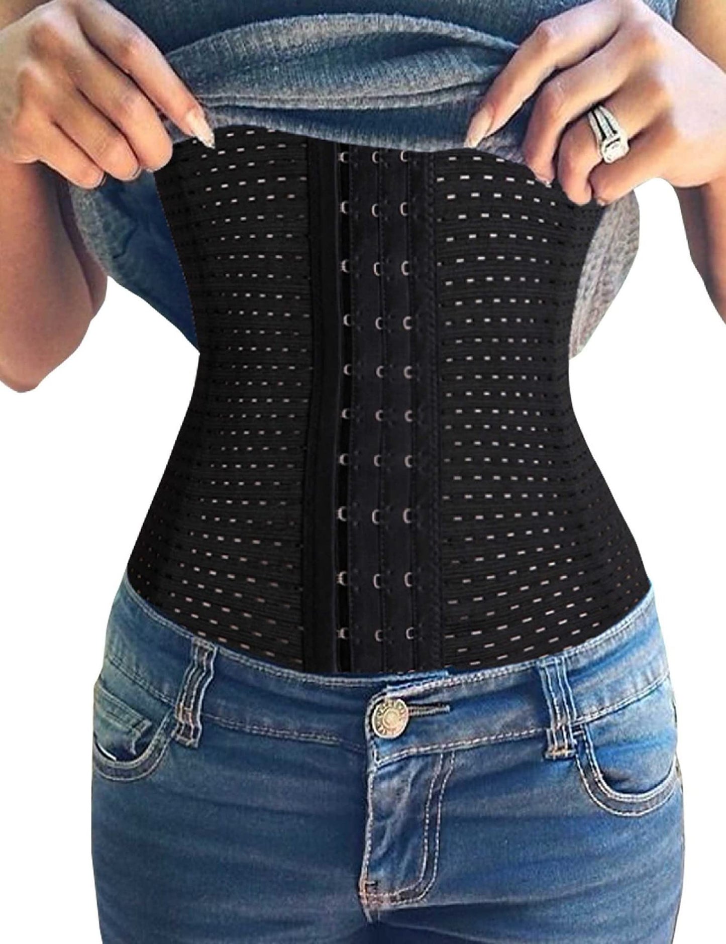 Youloveit Women's Waist Trainer Corset for Everyday Wear Steel Boned Tummy Control Body Shaper with Adjustable Hooks(Black,S)