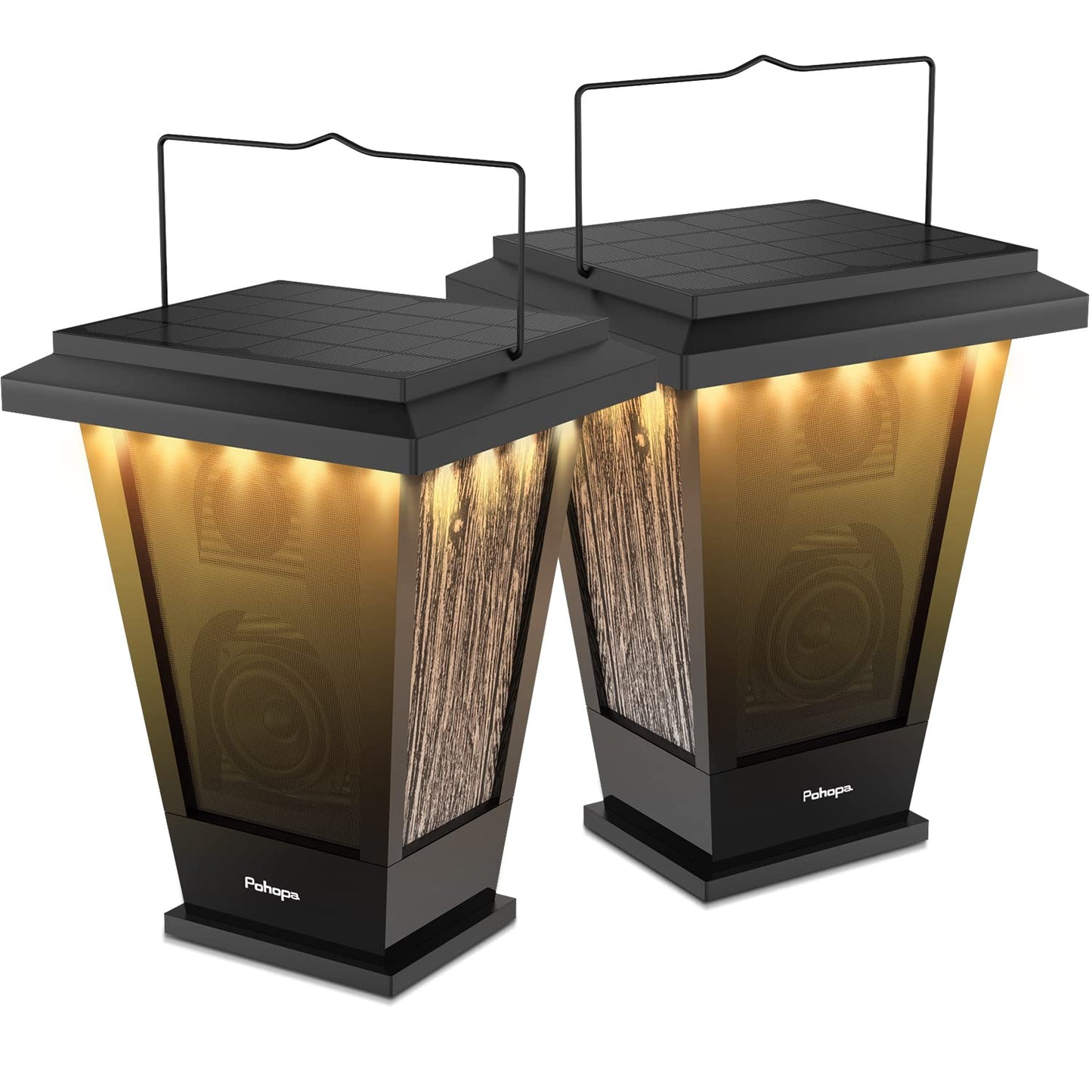 pohopa Bluetooth Speakers Waterproof, Solar Powered 2 Packs True Wireless Stereo Sound 20W Dual Pairing Lantern Indoor Outdoor Speakers with 20 Piece LED Lights, Richer Bass, Black