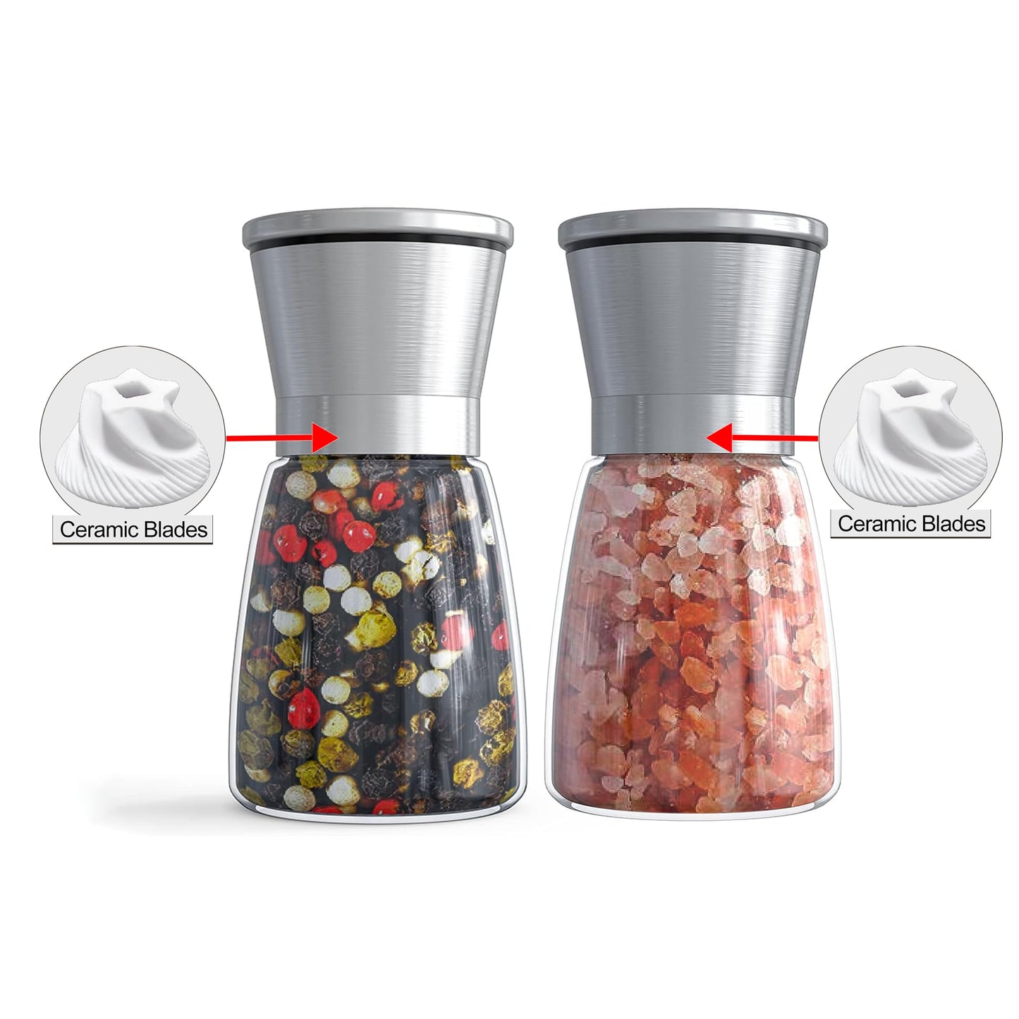 Ebaco Salt and Pepper Grinder Set - Refillable Grinder Adjustable Coarseness of Pepper Salt Spice Stainless Steel Mills Glass 6oz（2 Pack）
