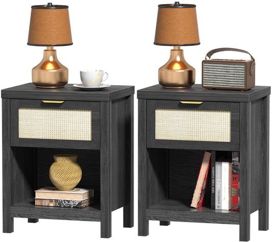 DEMEGA Rattan Nightstand Set of 2 Black Night Stand Bedside Table with Drawer and Storage Shelf Boho Side Table for Bedroom End Tables