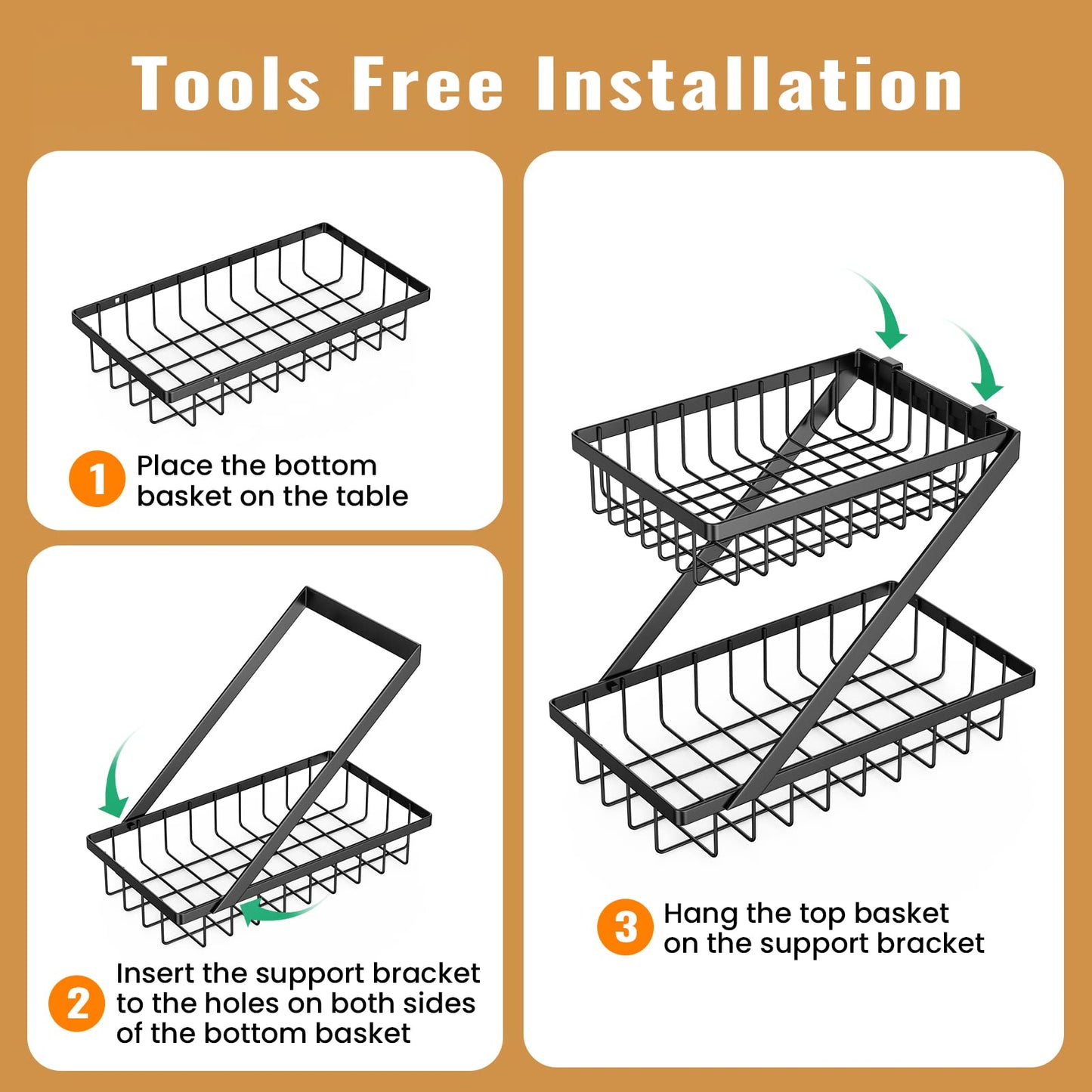 GETALL Fruit Basket for Kitchen, 2 Tier Countertop Fruit Holder, Detachable Metal Stand Fruit Bowl Organizer for Vegetable Bread Snacks Onions Storage, Large Capacity, Screws Free Design, Black(Z)