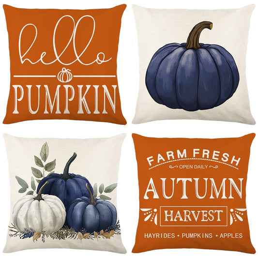 MAZSHTTD Fall Pillow Covers Blue Pumpkin Outdoor Indoor Decorative Throw Pillow Covers 18 x 18 Inch Set of 4 Farmhouse Autumn Cushion Cover Pillow Case for Living Room Bed Room Fall Decor