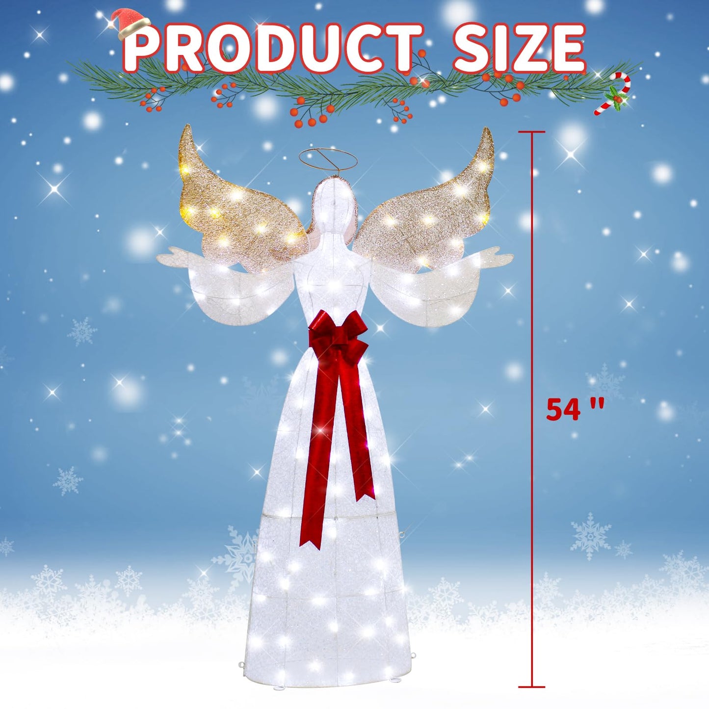 VIKIMORA 65" Lighted Angel Christmas Decoration, 3D Halo Angel with Golden Wings, White LED Lights, Outdoor/Indoor Use