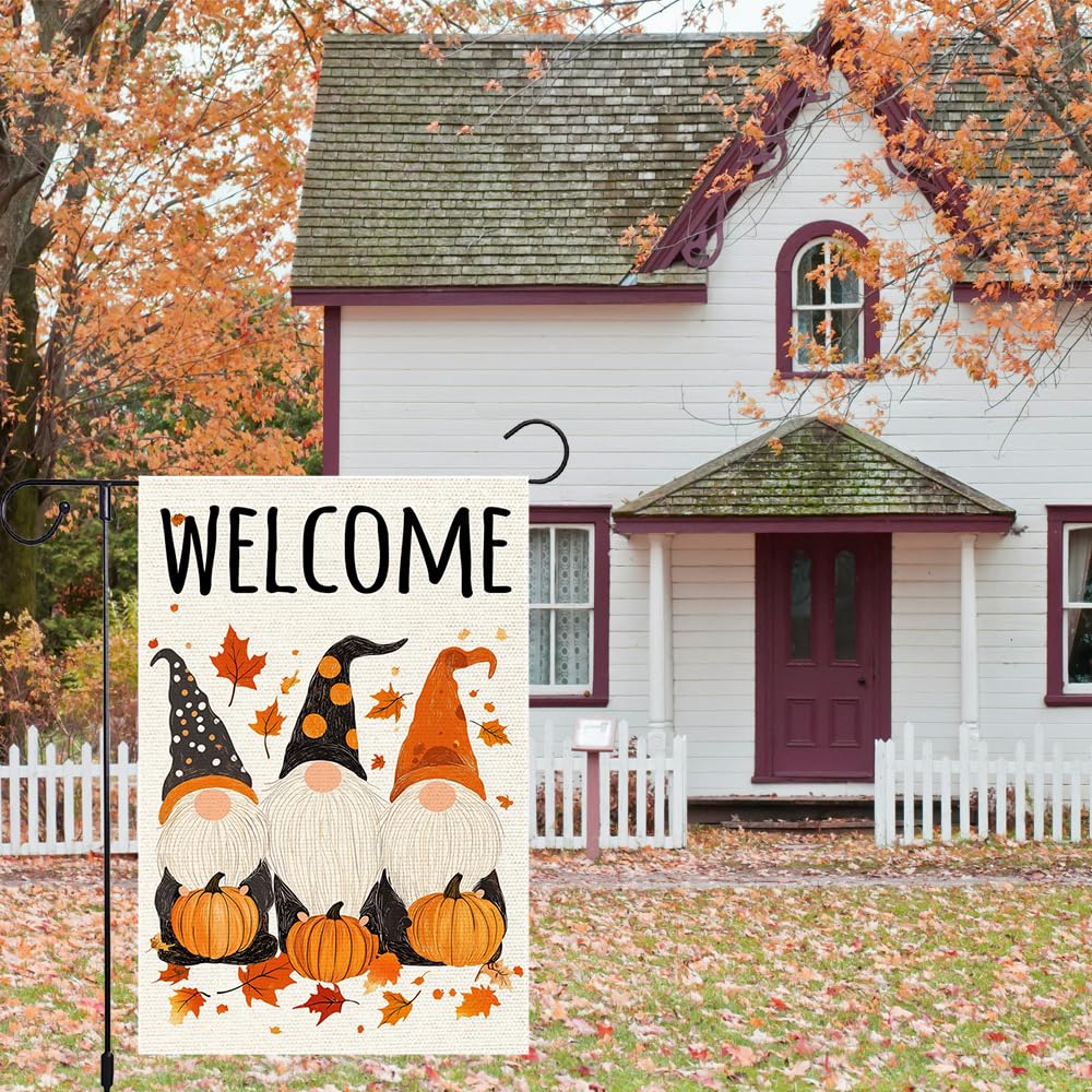 Polka Dots Gnome Garden Flags Welcome Fall Pumpkin Garden Flag 12x18 Inch Double Sided Burlap Autumn Holiday Maple Leaf Yard Outside Patio Lawn Decorations