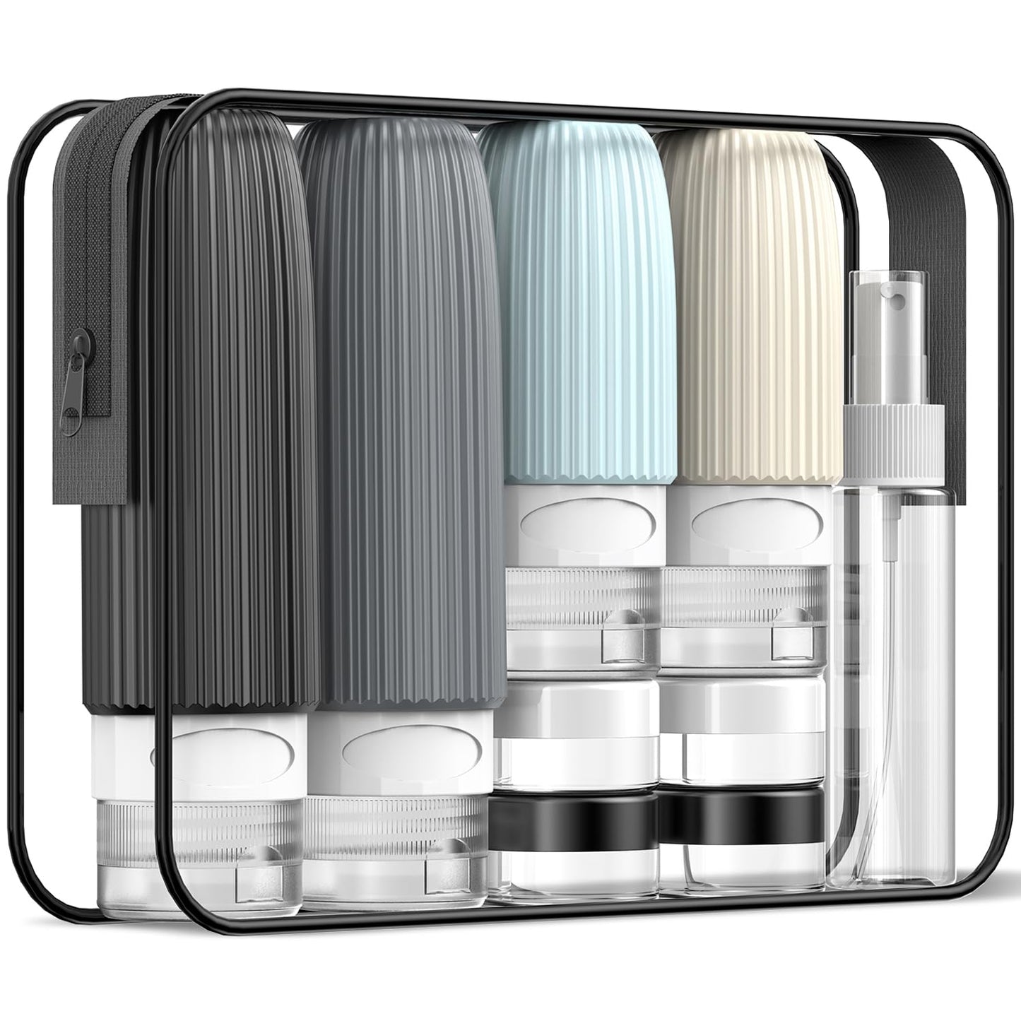 Travel Bottles for Toiletries (18 Pack), TSA Approved Size Silicone Containers Jar Kit, Airplane Essentials Toiletry Bag, Leak Proof Refillable Accessories for Conditioner, Shampoo, Lotion & Body Wash