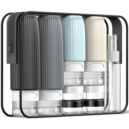 Travel Bottles for Toiletries (18 Pack), TSA Approved Size Silicone Containers Jar Kit, Airplane Essentials Toiletry Bag, Leak Proof Refillable Accessories for Conditioner, Shampoo, Lotion & Body Wash