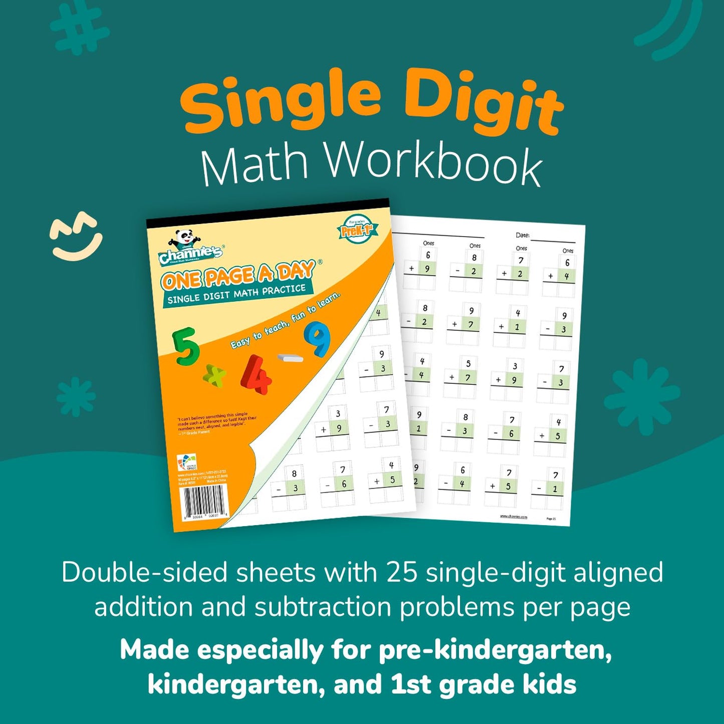 Channie’s One Page A Day Single Digit Addition & Subtraction Workbook for Pre-Kindergarten - 1st Grade Elementary School Students, Single Digit Math Practice, 50 Pages