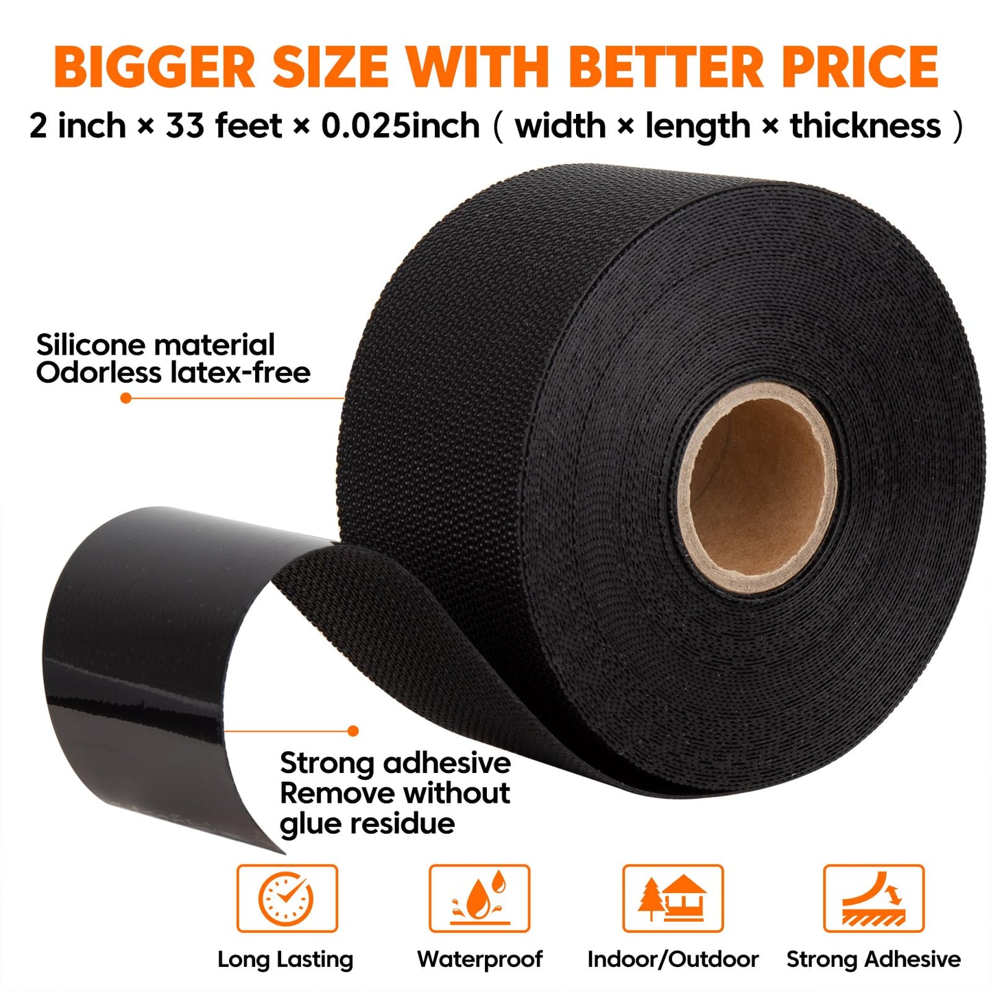 InfiOne Anti Slip Grip Tape – Silicone Duct Tape Ultra-Thin Bat Grip Tape for Secure Hold & Friction,Ideal for Stairs,Rugs,Tennis Racket,Tool Handles,Baseball Bat,Bike Handlebar(Black, 2in x 33ft)
