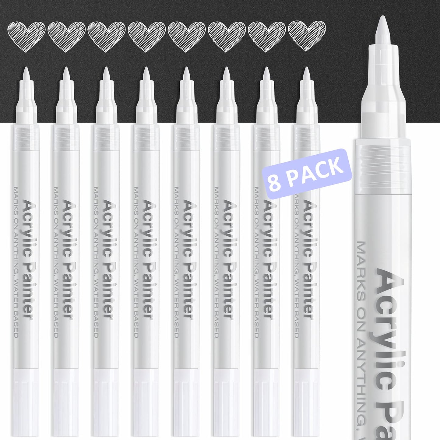 AKARUED White Paint Pen Acrylic Marker: 8 Pack 0.7mm White Paint Marker for Black Paper, Metal, Wood, Plastic, Ceramic, Metallic, Rock Painting, Drawing, Extra Fine Point, Ideal for Artist & Students