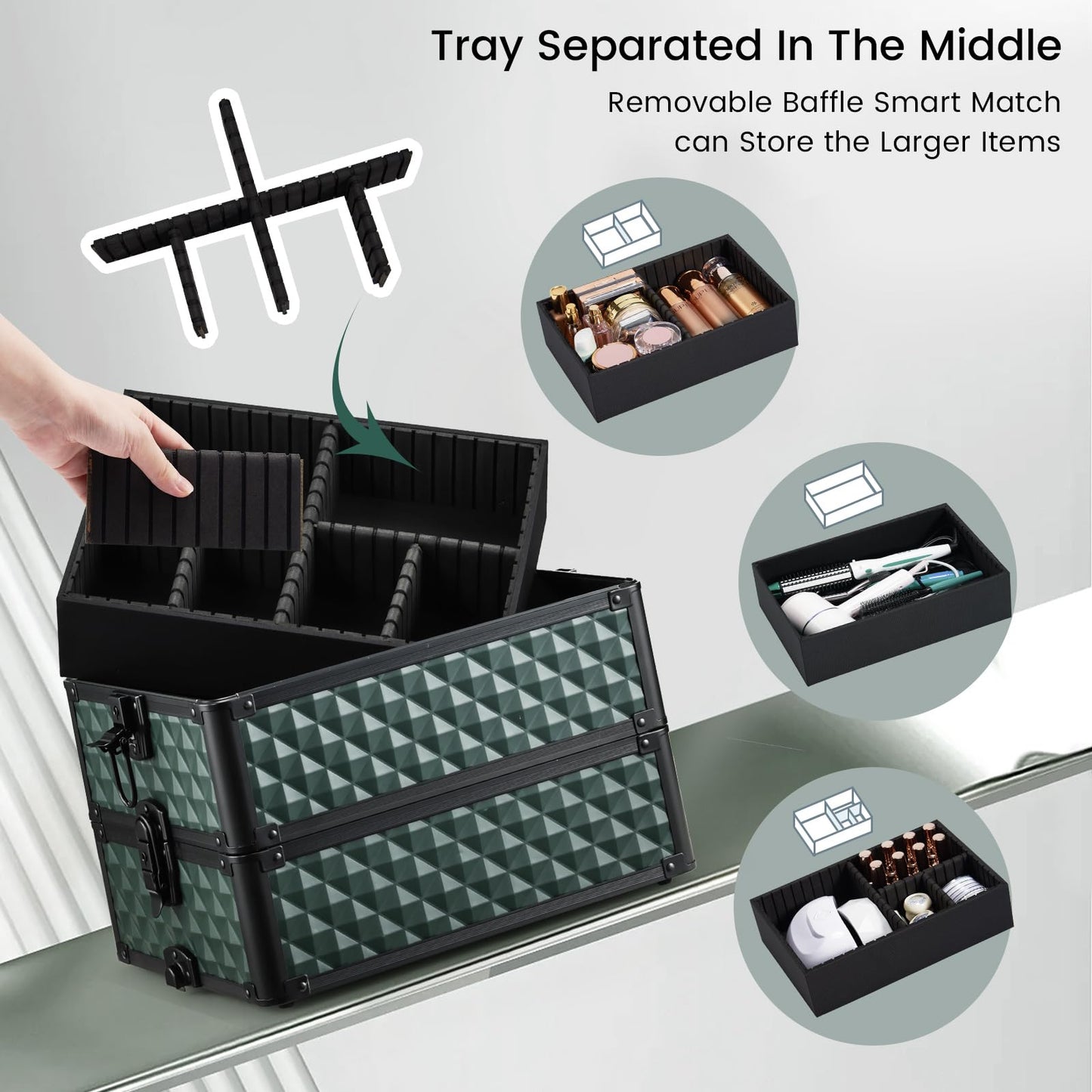 Stagiant Rolling Makeup Train Case Cosmetology Case on Wheels 4 in 1 Cosmetic Box Makeup Travel Case with Key Swivel Wheels Nail Artist Salon Barber StorageTraveling Cart Trunk Dark Green