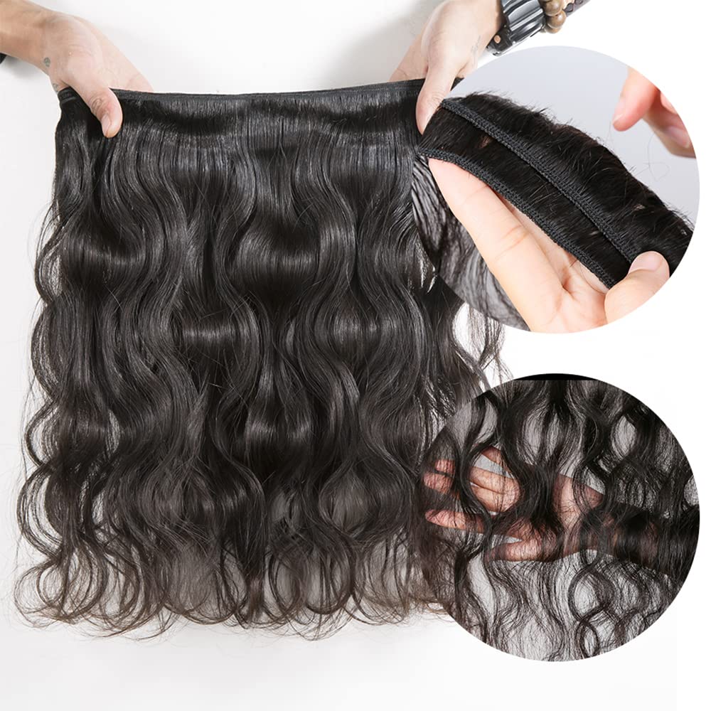 Mrladgo Body Wave Human Hair Bundles with Closure 100% Unprocessed Brazilian Virgin Human Hair 3 Bundles Body Wave with 4X4 Free Part Lace Closure Natural Black Hair Extension