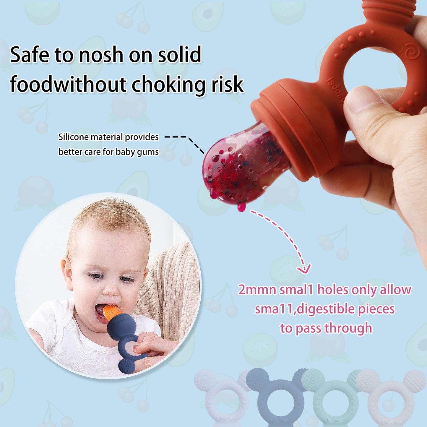 HAOBAOBEI Baby Fruit Feeder, Frozen Teething Toys, Infants Teether Pacifier with 3 Extra Teats, Toddler Eating Essentials, BPA Free Feeding Supplies (Steel Blue)