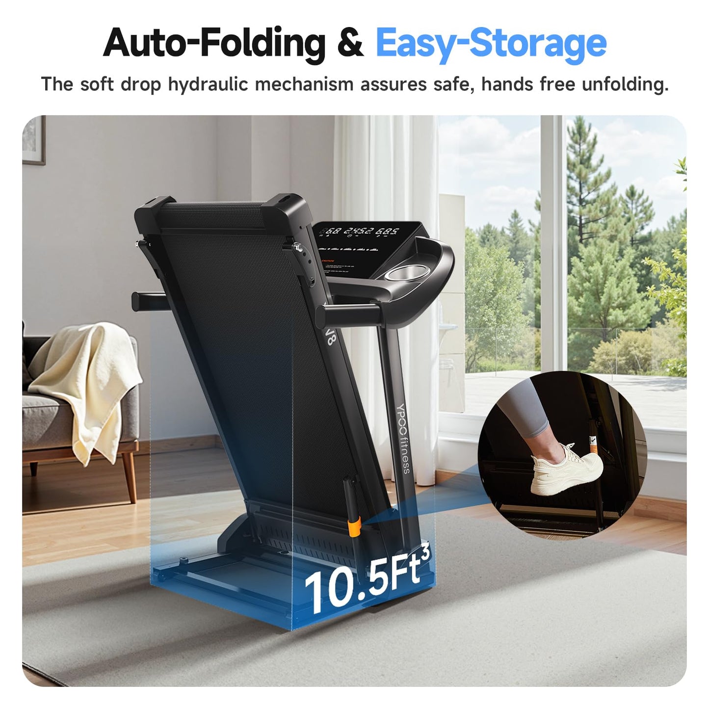 Treadmills for Home with Incline, Auto Foldable Running Treadmills, 8.0 MPH Walking Pad Treadmill with Bluetooth, 300 lbs Weight Capacity Quiet