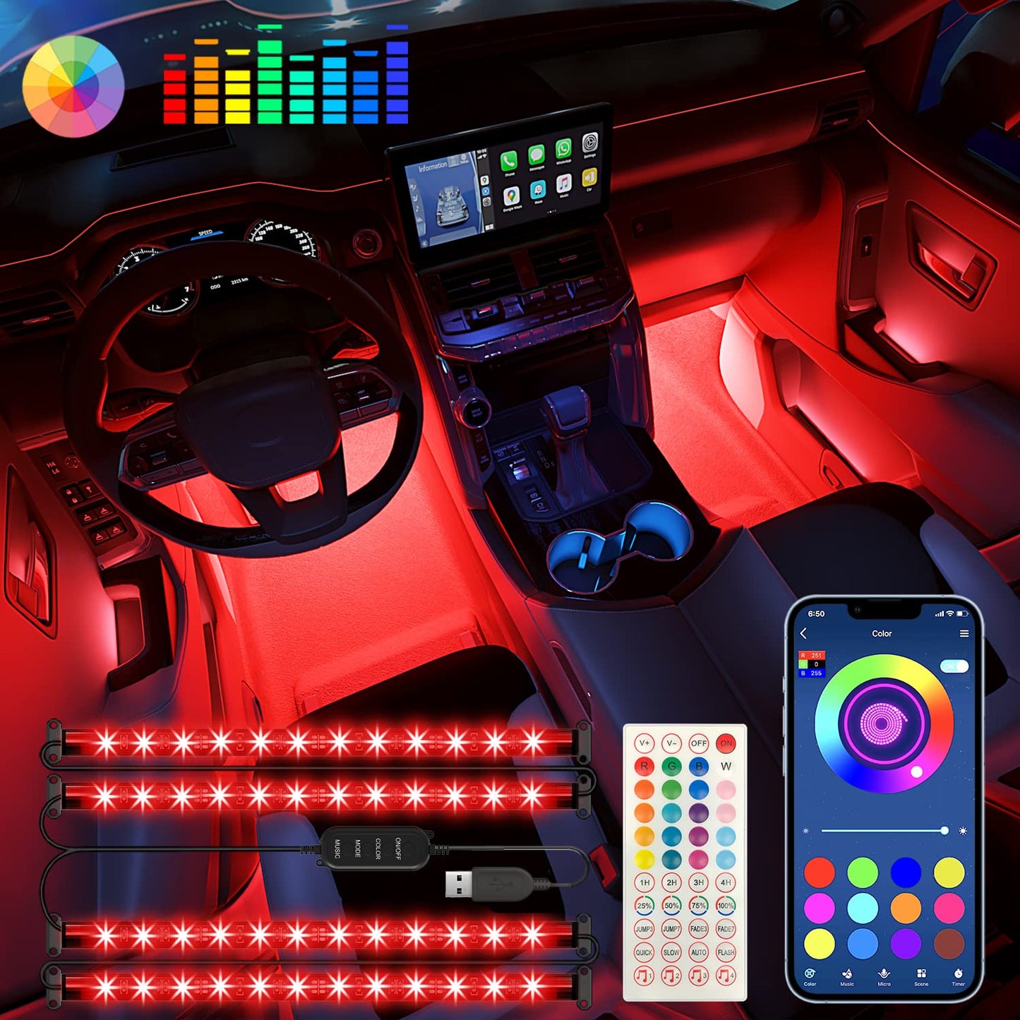 Interior Car Lights Keepsmile Car Accessories APP Control with Remote Music Sync Color Change RGB Under Dash Lighting with Charger 12V LED Lights Running Board Lights