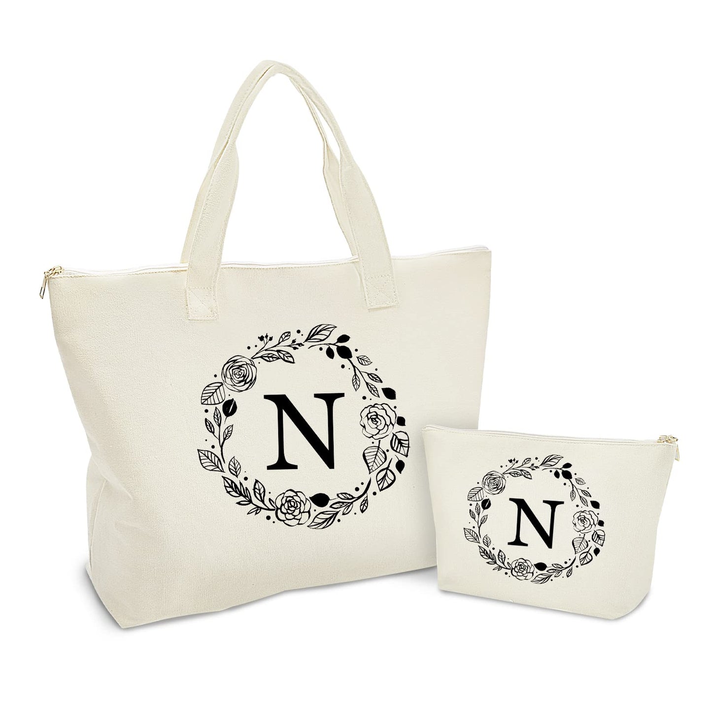 Personalized Initial Canvas Tote Bag with Zipper, Present Bag with Inner Pocket & Make Up Bag, Great Gifts for Women, Mom, Teachers, Friends, Bridesmaids