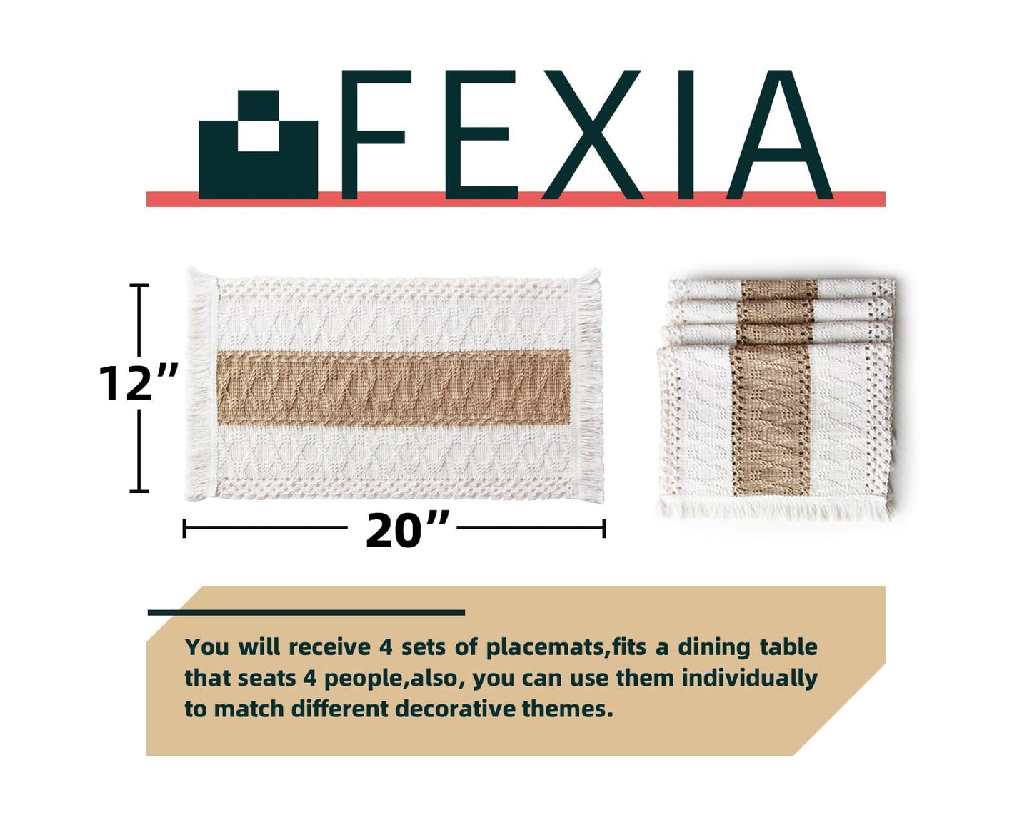 FEXIA Boho Placemats Set of 4, Macrame Table Decor Farmhouse Style Placemats in Natural Cotton Burlap, for Kitchen and Dining Table Centerpiece Home Decorations