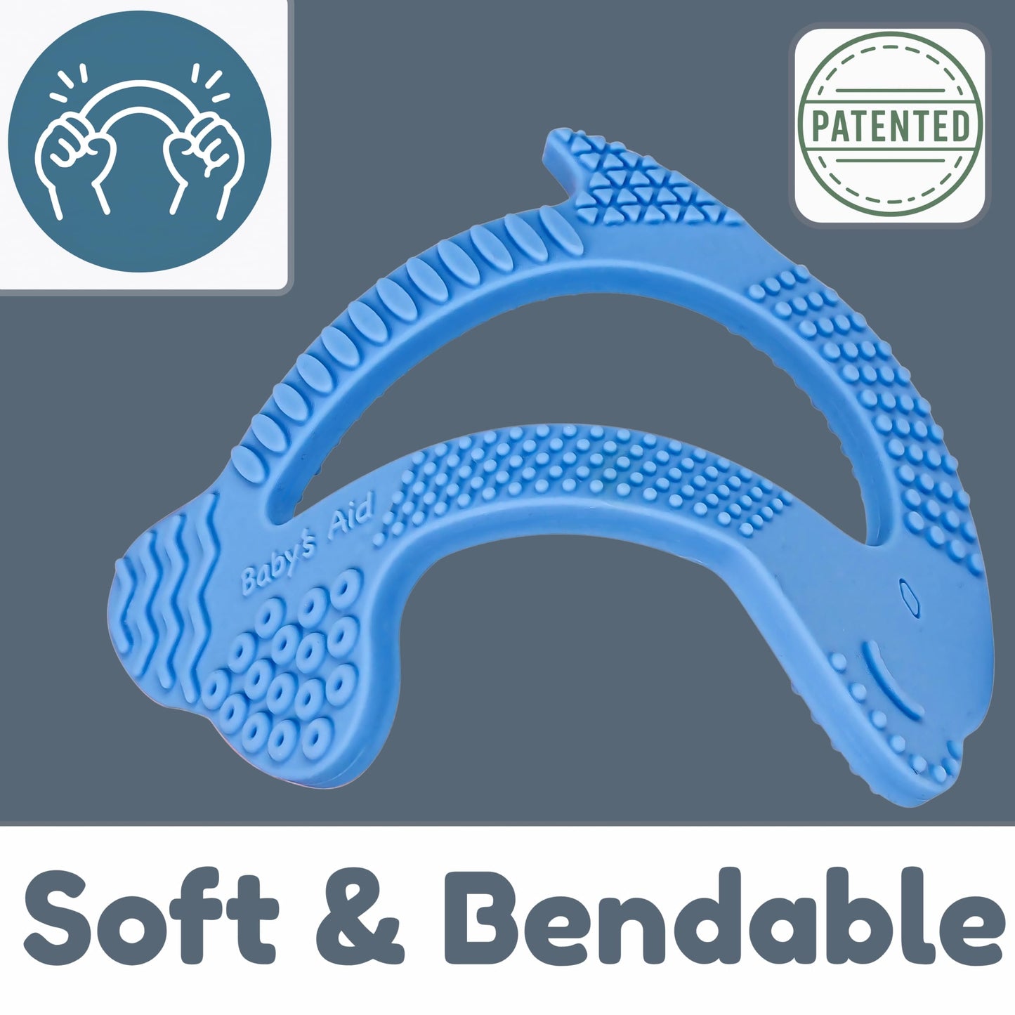 Silicone Baby Teether - Dolphin | 8 Teething Relief Textures, 100% Food-Grade, Easy to Hold & BPA Free Silicone Teethers for Babies, Baby Teething Toys, Soft Chew Toy for Babies Ages 3M+ - Baby’s Aid