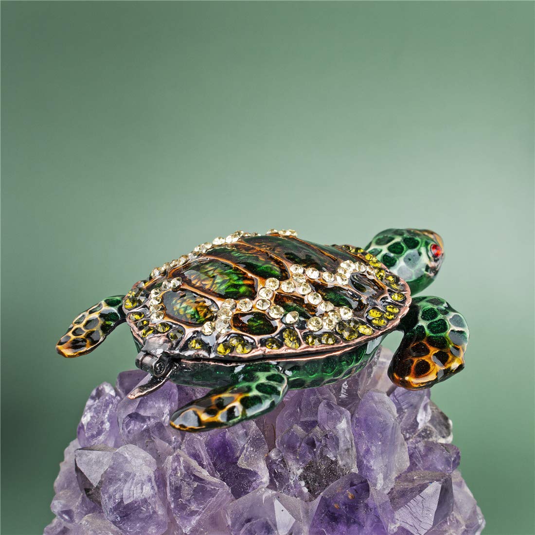 YU FENG Small Turtle Trinket Jewelry Box Hinged Rhinestones Jeweled Painted Enameled Sea Turtle Animal Figurines Collectible