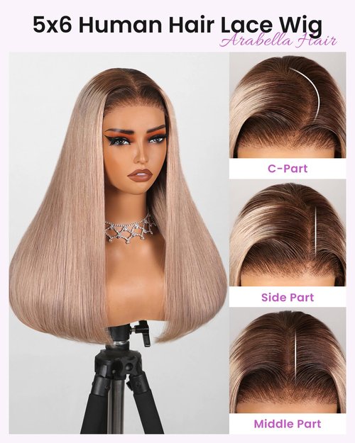Arabella 5x6 Ready to Go Glueless Wigs Human Hair 20/Ash Blonde Ombre Lace Front Wigs 100% Human Hair Real 230% Density Pre Cut Lace Pre Plucked Straight Wig Human hair (16inch, 5X6 Straight Wig)