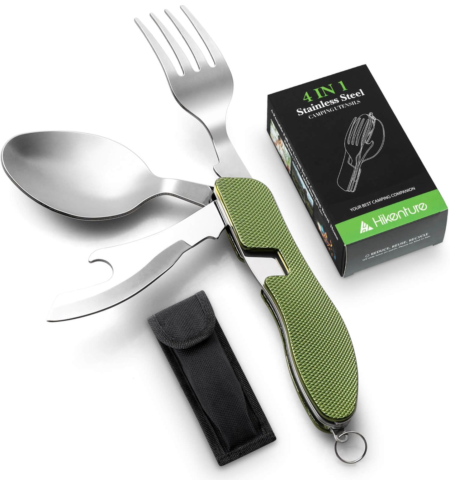 Camping Utensil HIKENTURE 4-In-1 Stainless Steel Fork Knife Spoon Bottle Opener Set with Storage Case (Black)