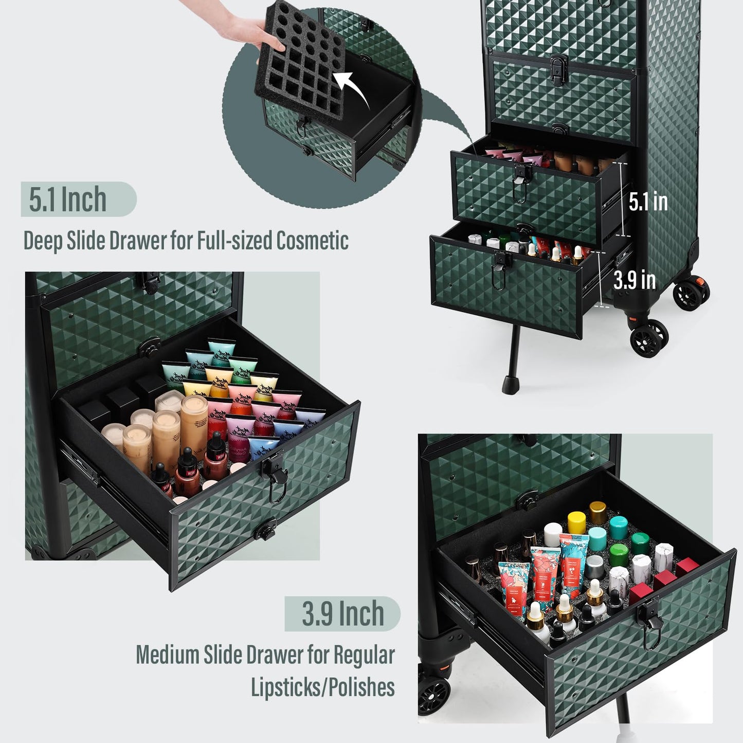 Yueieoun Salon Cart with 3 Drawers, Professional Trolley Cart for Beauty Salon, Rolling Train Case Makeup Organizer Case for Nail Tech (Dark Green)