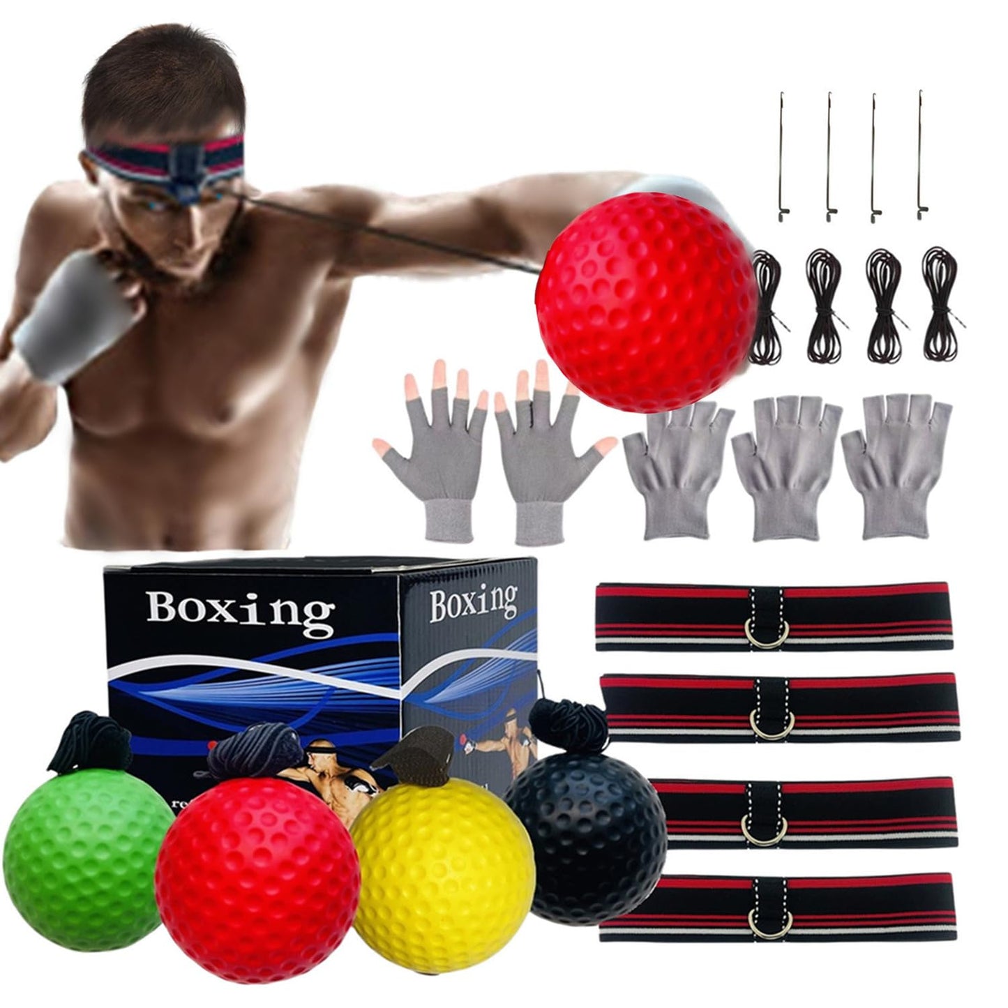 KANGHUANG Boxing Reflex Ball Headband Set for MMA Boxing Kickboxing Training Reaction Punching Balls Kit Includes 4 PU Balls+4 Elastic Headbands+4 Spare Lines+4 Gloves for All People