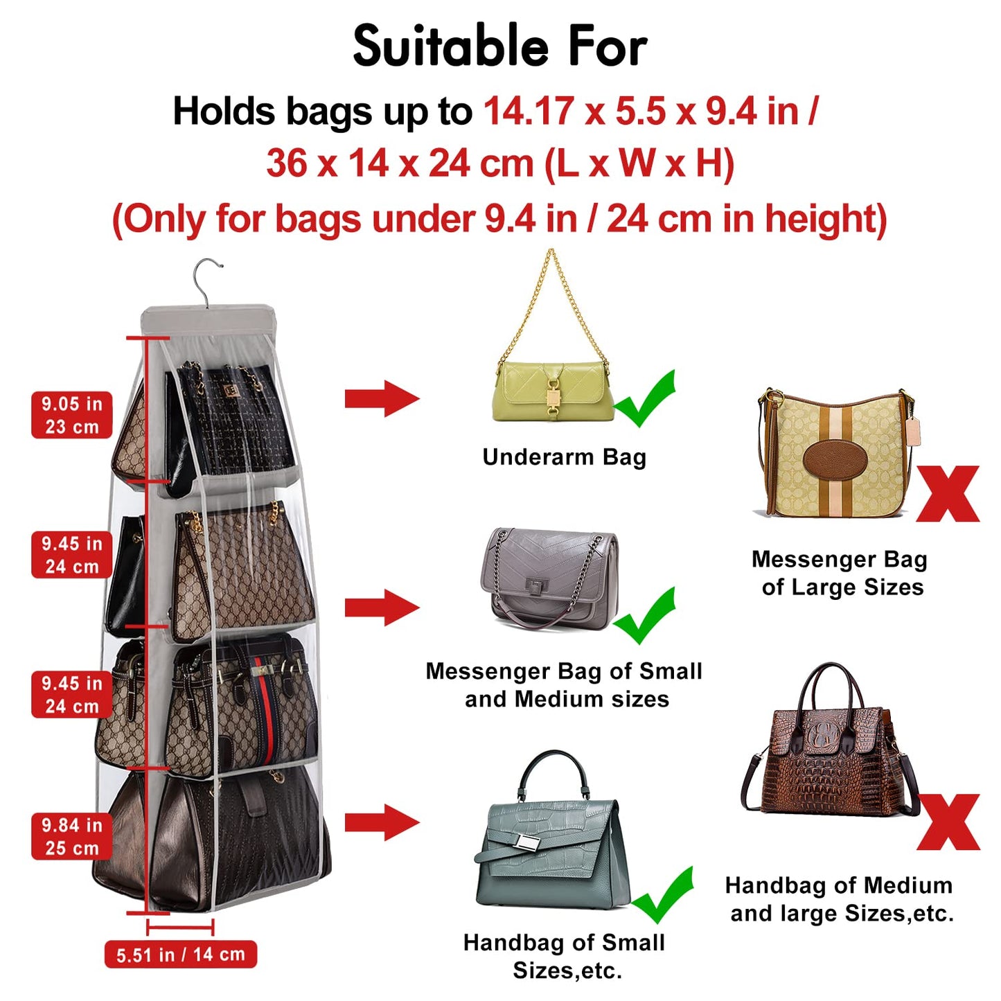 Lirex Handbag Hanging Purse Organizer for Closet, 8 Pocket Handbag Storage Organizer Hanger Oxford Cloth Closet Organizer for Family Closet Bedroom, Foldable and Universal Fit, Dark Grey