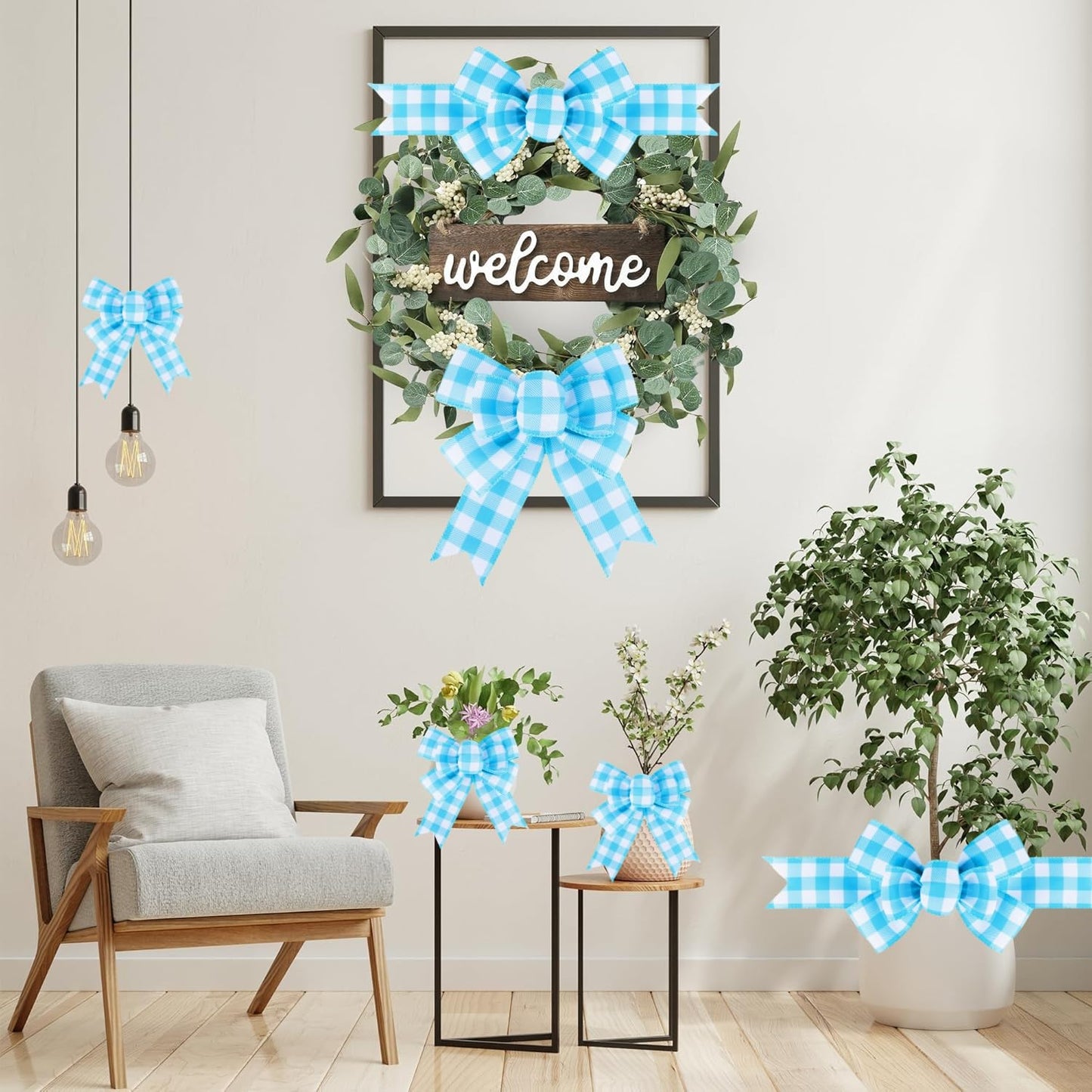 Meseey Buffalo Plaid Ribbon Bows 2-Pack Handmade Burlap Farmhouse Bows for Wreaths, Tree Decorations, Gift Wrapping (Turquoise/White)