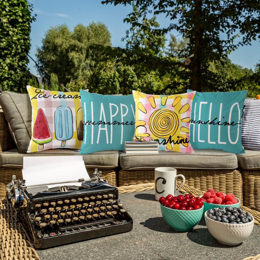 Vellibring Summer Pillow Covers 18x18 Happy Summer Throw Pillow Covers Hello Sunshine Ice Cream Pillow Covers for Farmhouse Decoration Indoor Outdoor Home Decor