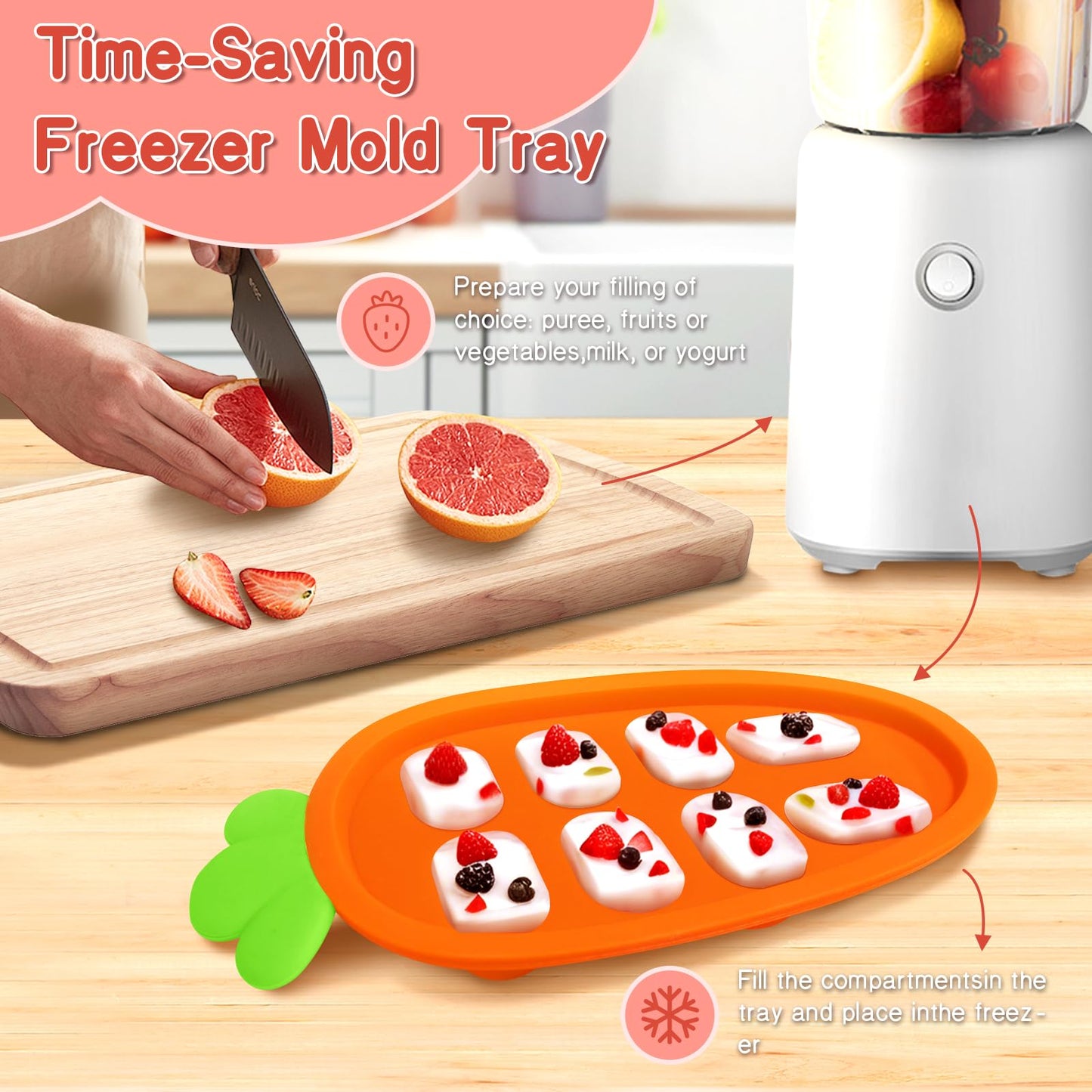 Baby Fruit Food Feeder - Silicone Nibble Tray Combo - Breastmilk Popsicle Mold for Cooling Relief, BPA Free Mesh Feeder for Infant Self Feeding (Lavender Pink + Carrot)