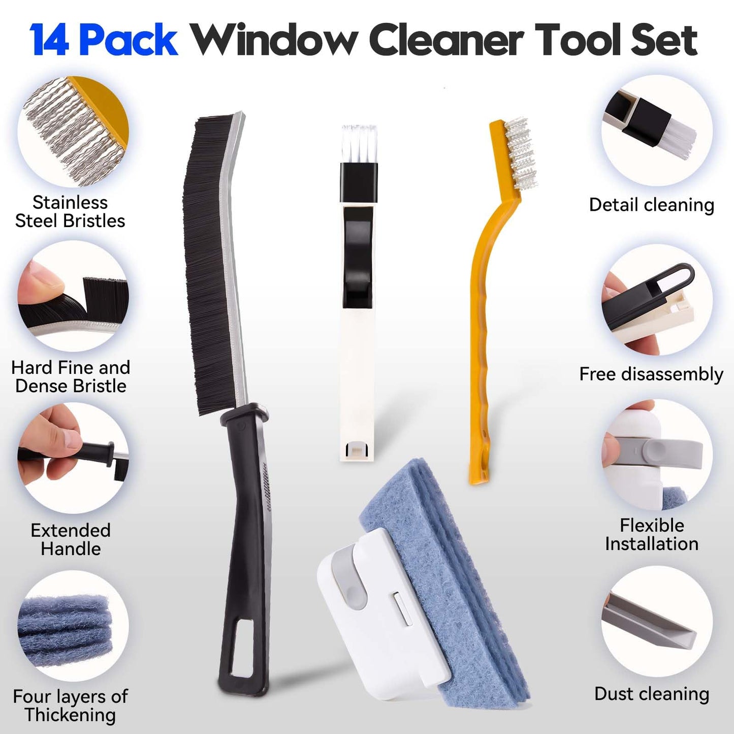 Window Track Cleaner Tools Set, 14 PCS Window Groove Cleaning Brush Kit for Sliding Door, Sill, Tile Lines, Shutter, Car Vents, Keyboard