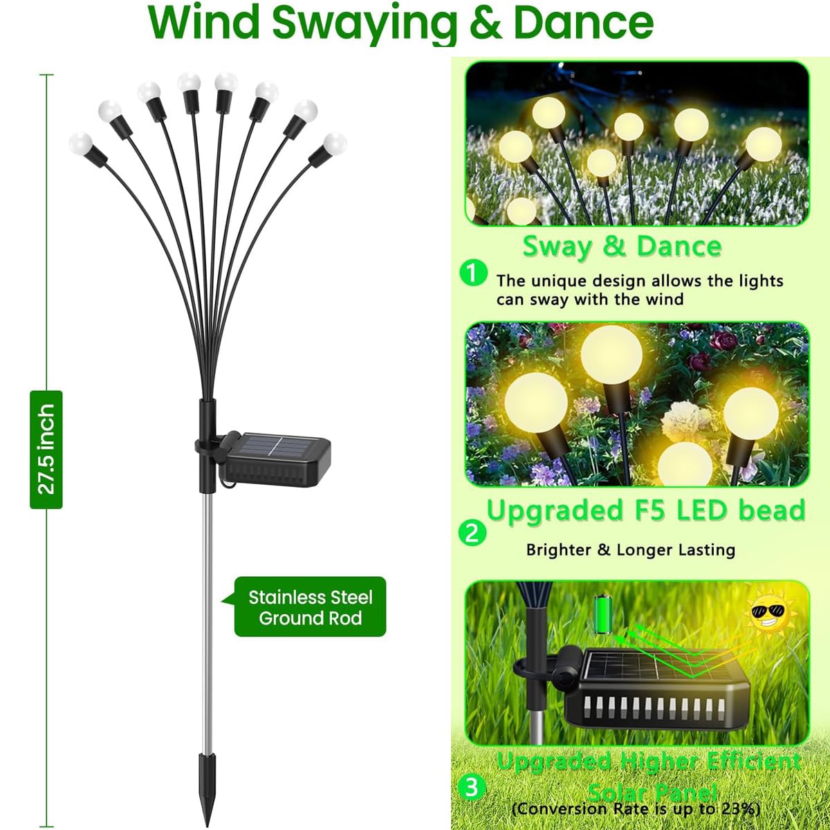 Solar Garden Lights, New Upgraded Solar Swaying Light, Sway by Wind, Solar Outdoor Lights, Firefly Light for Patio Decor, Big Bulb, & Heavy Bulb Base, Warm White(2 Pack)