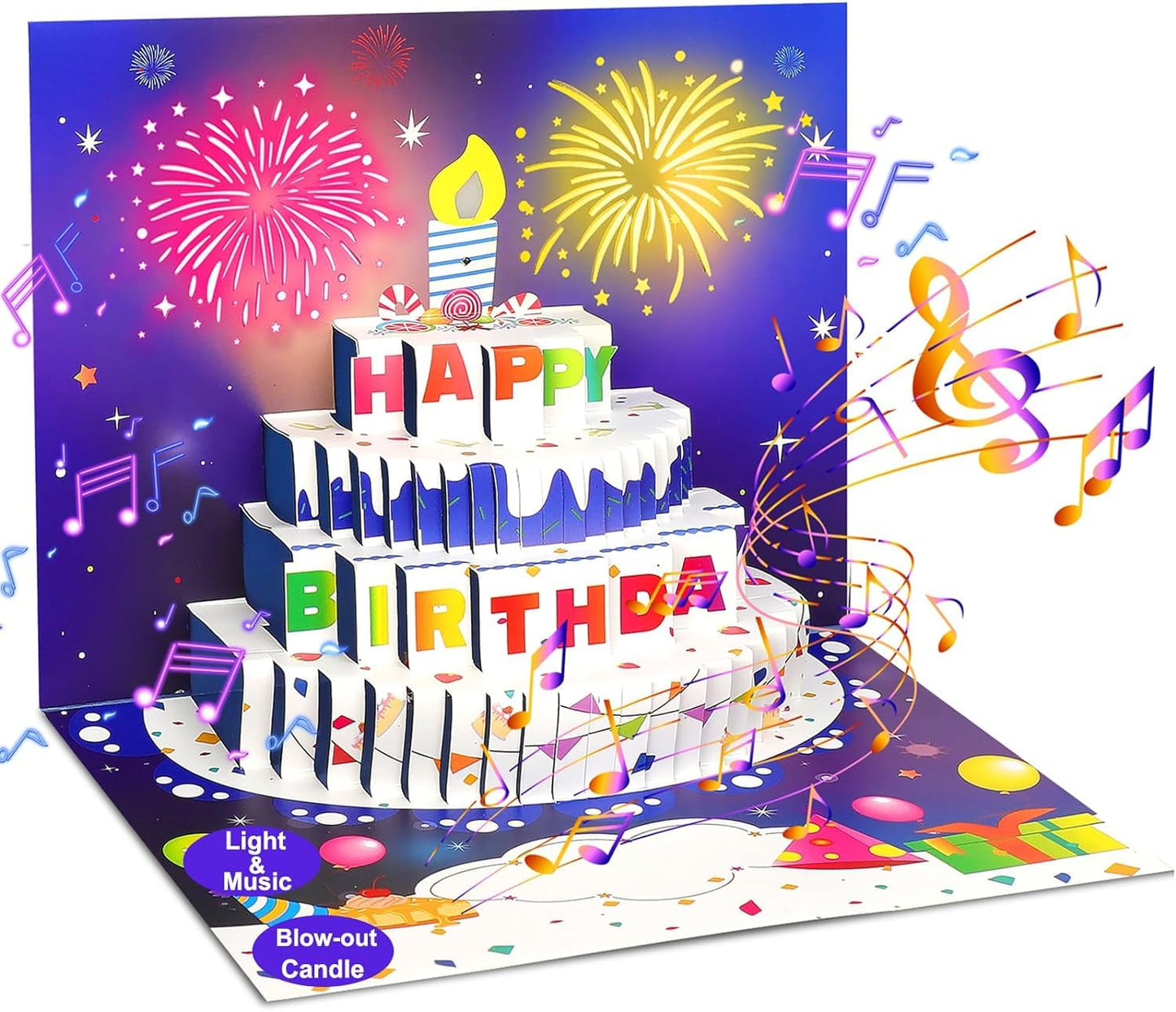 Musical Birthday Card, Pop up 3D LIGHTS & SOUND Firework Happy Birthday (Purple)