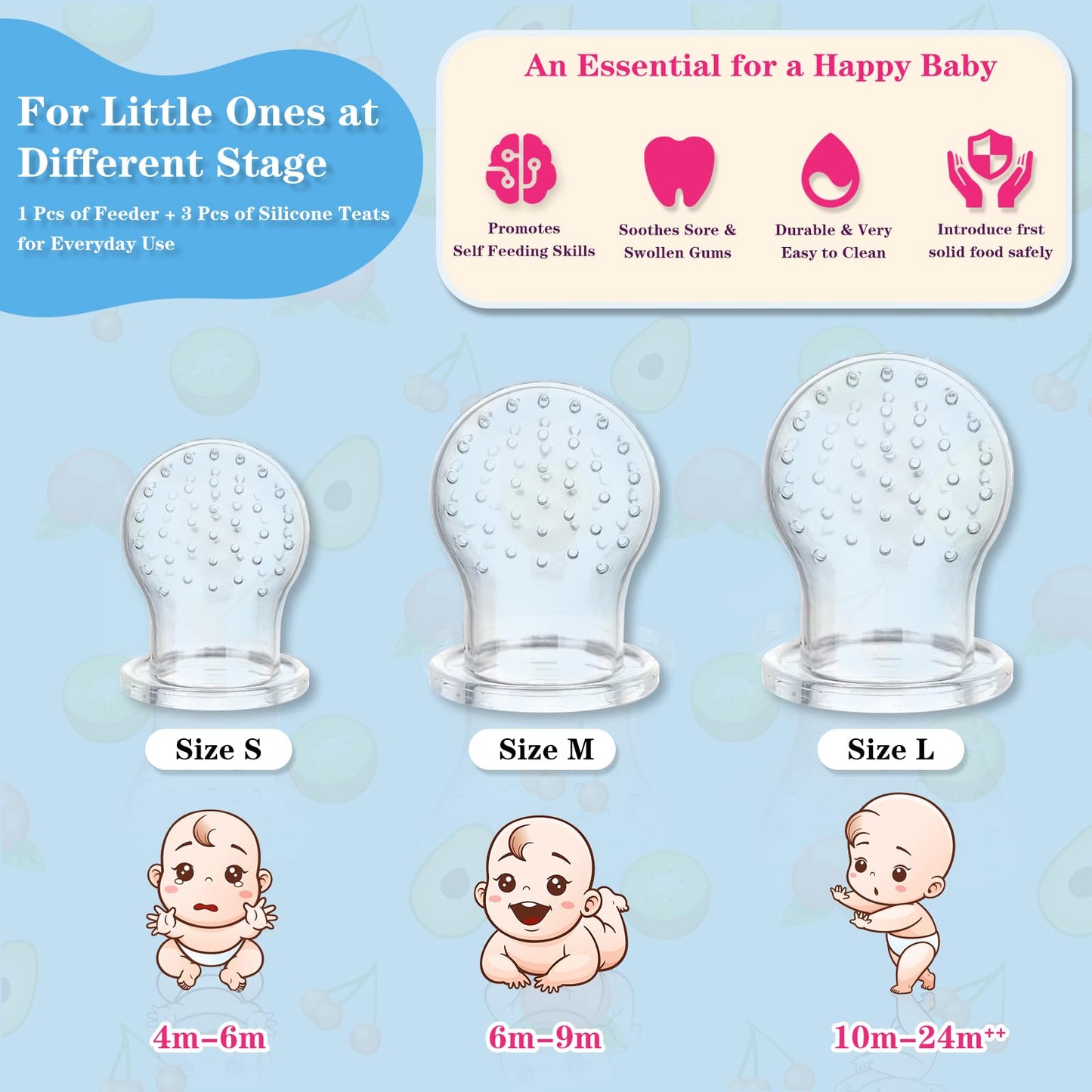 HAOBAOBEI Baby Fruit Feeder, Frozen Teething Toys, Infants Teether Pacifier with 3 Extra Teats, Toddler Eating Essentials, BPA Free Feeding Supplies (Steel Blue)