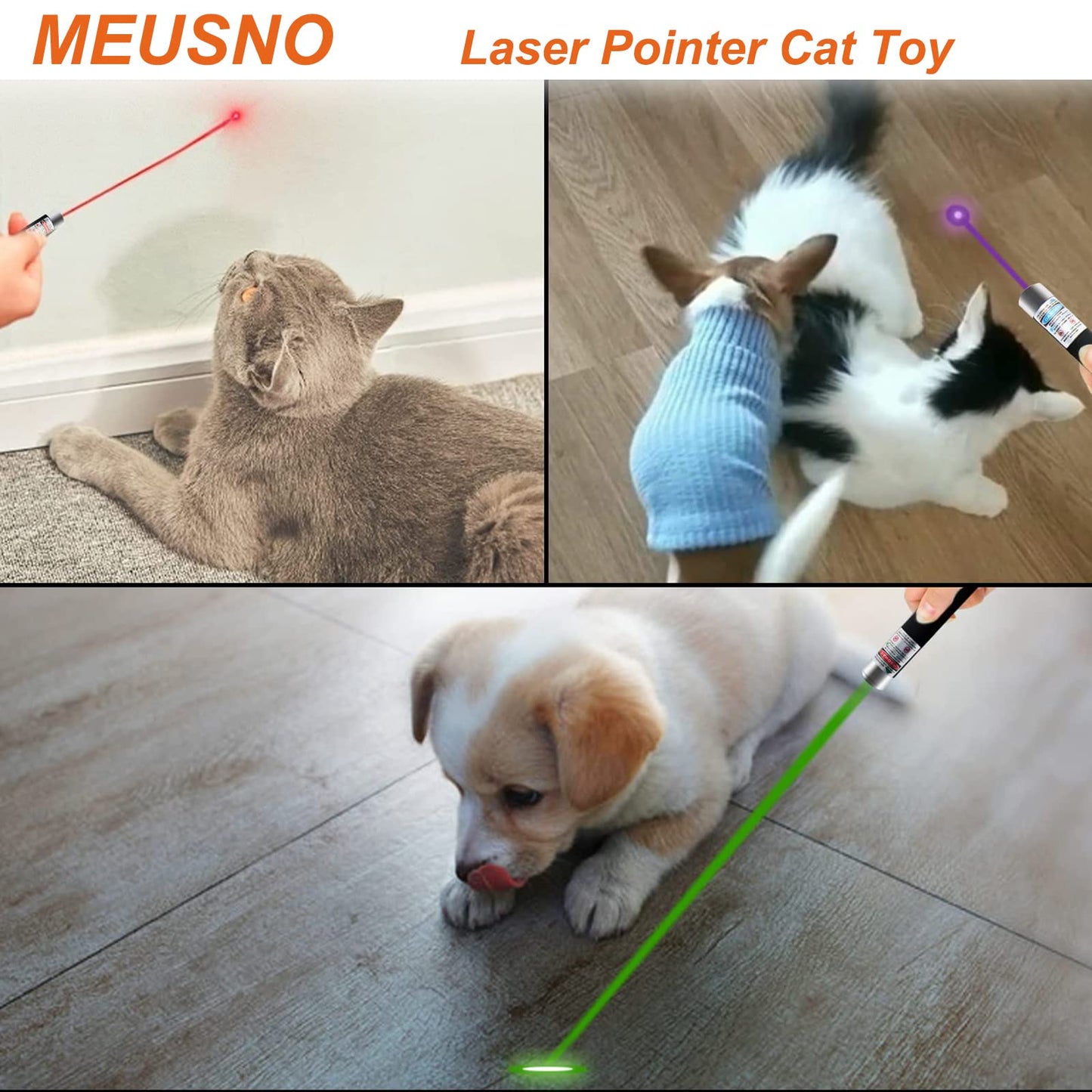 MEUSNO 3 Pack Cat Laser Pointer Toy, Red Green Purple Cat Laser Pointer for Cats Dogs Indoor Chaser Cats Dog Pet Laser Toy Laser Light Pointer, Small Laser Pet Toy Geese Deterrent