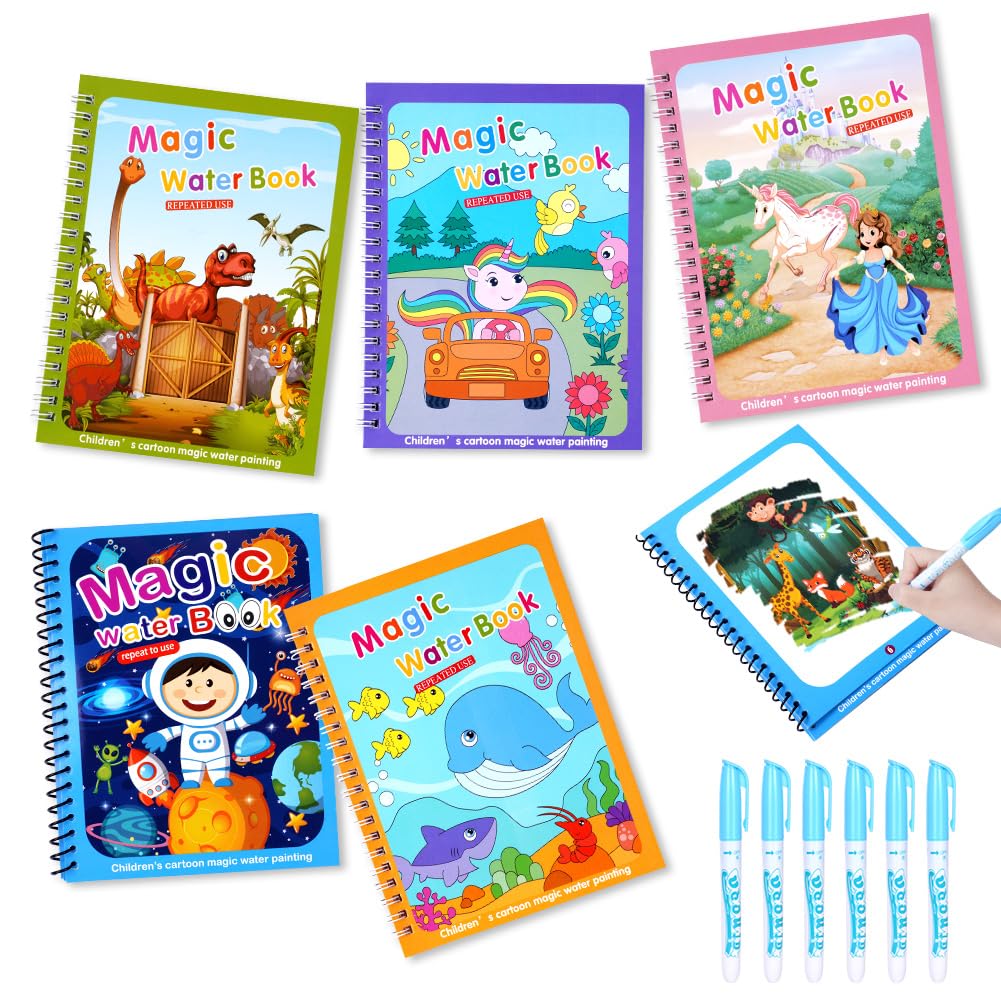 OSDUE Water Coloring Book for Toddler, 6 Pack Water Painting Book for Toddlers, Paint with Water Books, Educational Learning Doodle Toy, Reusable No-Mess Art Book Travel Toys & Xmas Gift for Kids