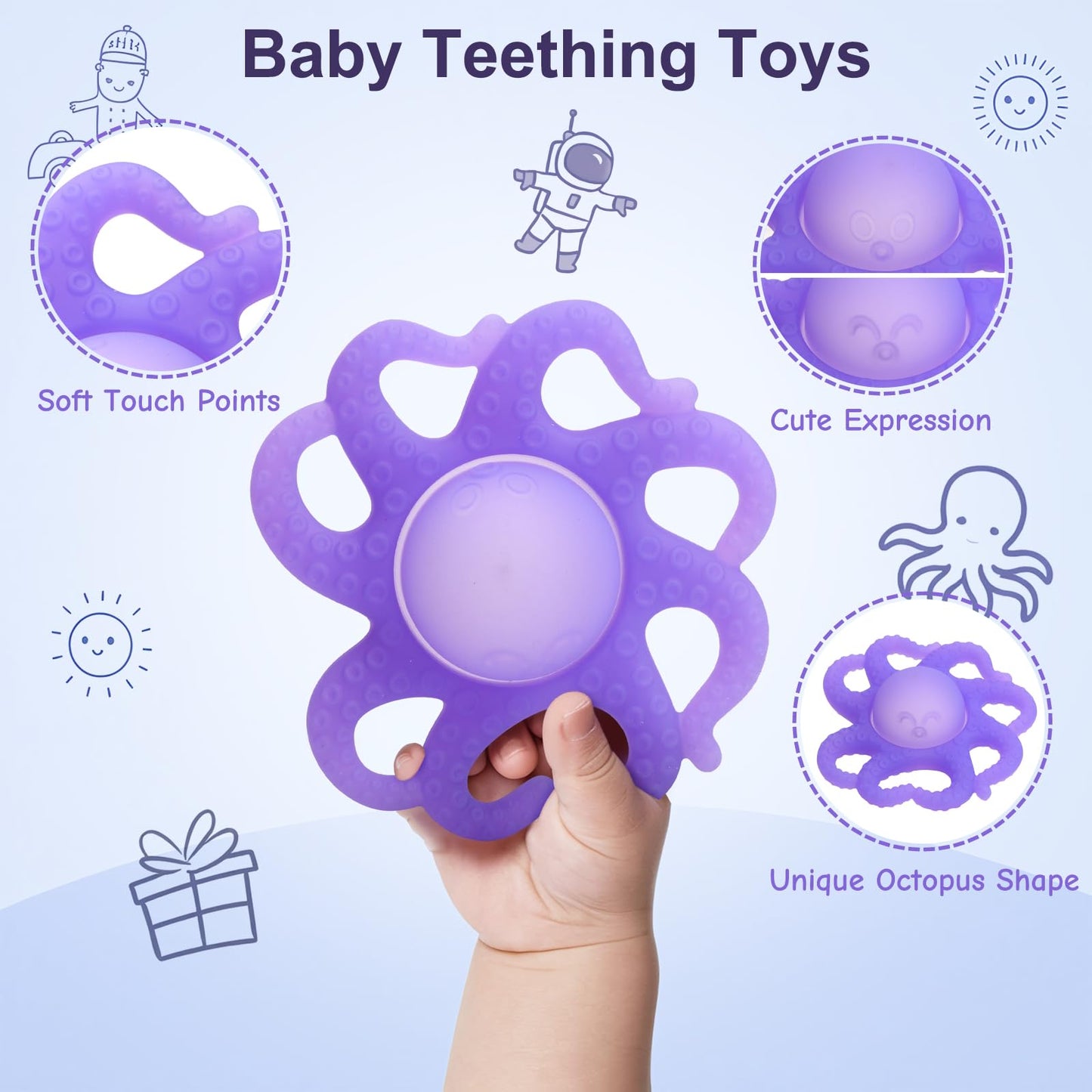 Baby Teething Toys 3-6 Months, Octopus Baby Teethers 6-12 Months, Silicone Teether Toy for Infants Relief 0-12 Months, BPA-Free Chew Toy for Soothing Sore Gums, Newborn Sensory Toy Gift for Boy Girl-A