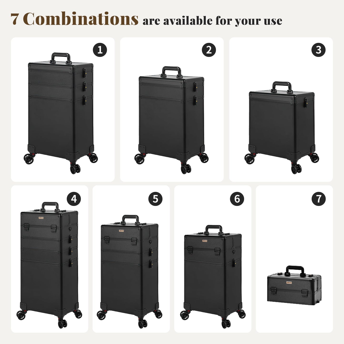 JINGUAN Rolling Makeup Train Case Large Storage Cosmetic Trolley 5 in 1 Large Capacity Trolley Makeup Travel Case with Key Swivel Wheels Salon Barber Case Traveling Cart Trunk, Black