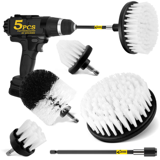 Holikme 5Pack Drill Brush Attachment Set-Car Interior Detailing Kit，Power Scrubber Brush Extended Long Attachment for Bathroom, Car，Shower，Carpet,Boat,Kitchen，Floor and Tile，White
