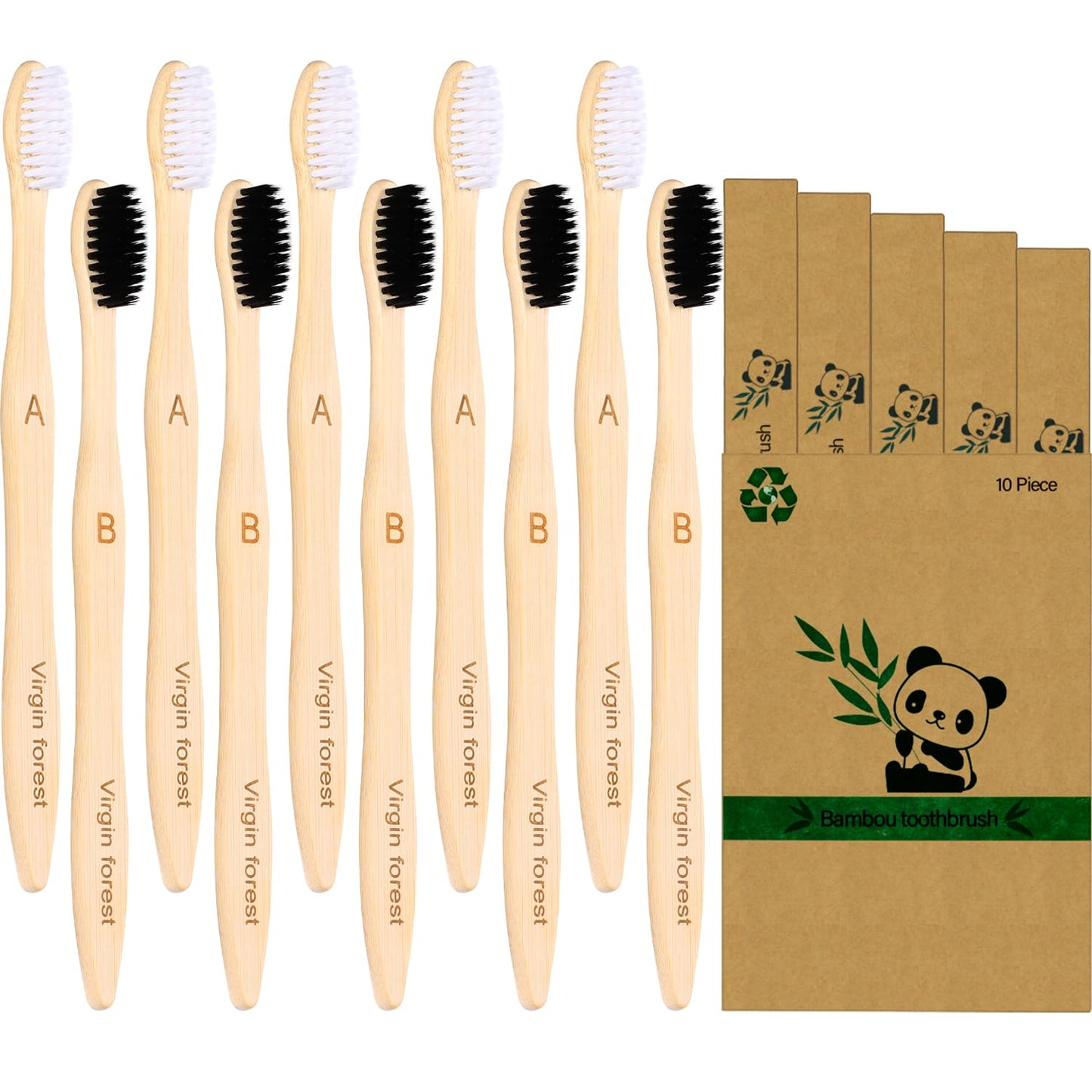 Virgin Forest 10 Count Bamboo Toothbrush, Soft Bristle for Adults, Eco Friendly Natural Wooden Toothbrushes, Vegan Organic Bamboo Travel Tooth Brush (10 Colors)