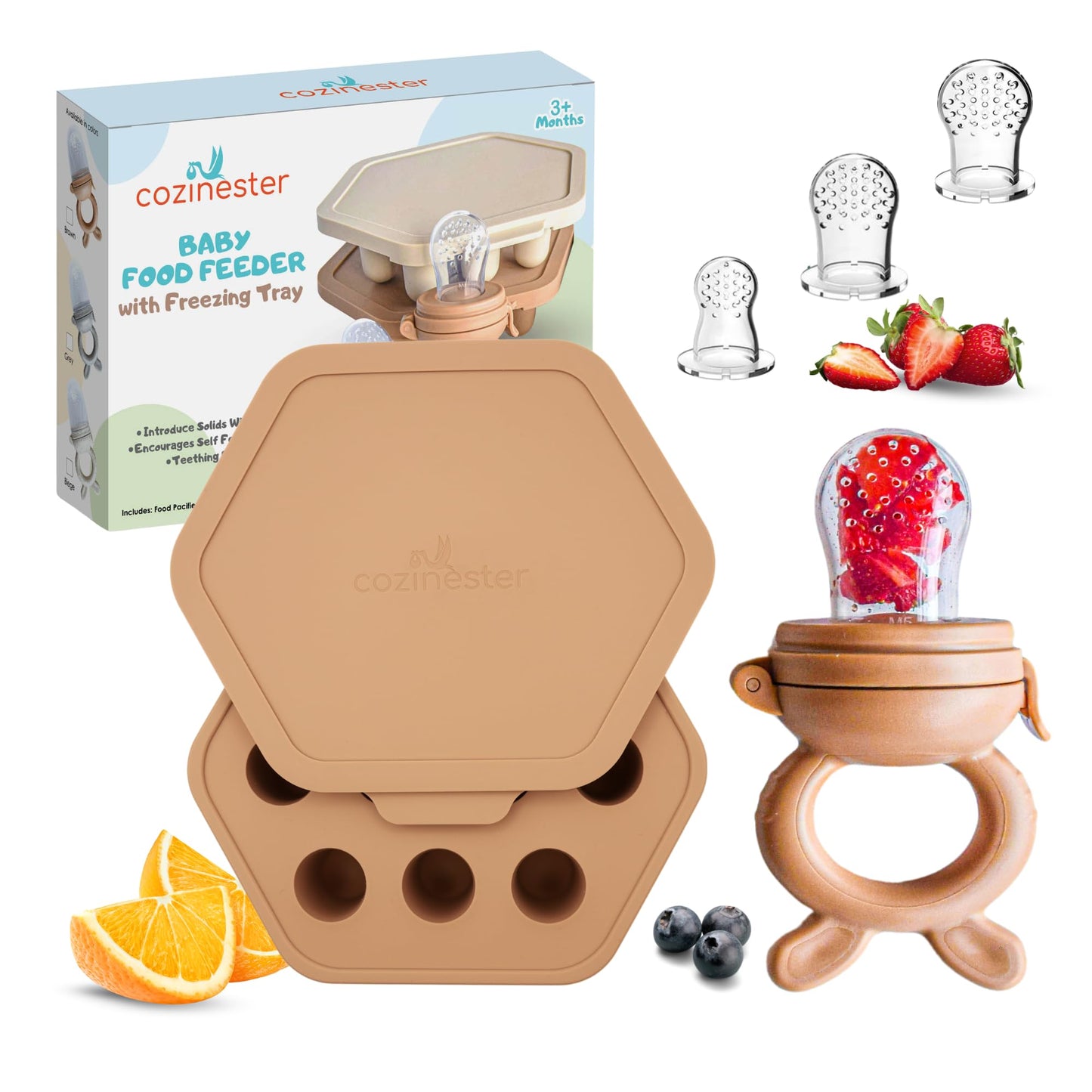 Cozinester Baby Fruit Feeder & Teething Relief | Baby Feeding Essentials | Innovative Baby Teething Relief Tool | BPA Free Breast Milk Popsicle Teether for Self Feeding | Includes 2 Pouches (Brown)