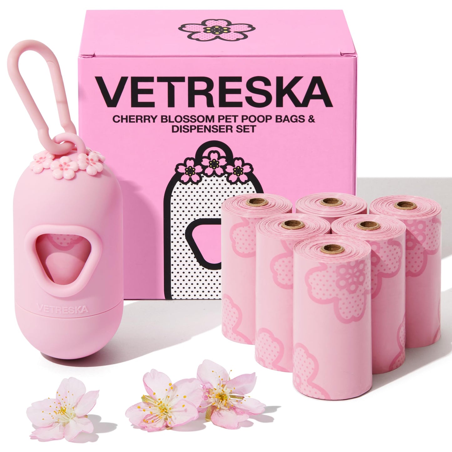 VETRESKA Dog Poop Bag Dispenser with Cherry Blossom Scented Poop Bags, Leak Proof and Extra Thick Pet Waste Bags, 1 Poop Bag Holder and 105 Bags for Dog Walking and Cats Litter, Pink