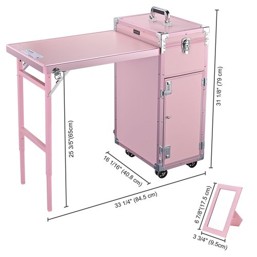BYOOTIQUE Rolling Manicure Table Portable Nail Table Foldable Nail Desk Travel Makeup Train Case Cosmetic Trolley Storage Organizer with 4 Drawers Mirror & Speaker for Nail Tech Workstation Mua, Pink