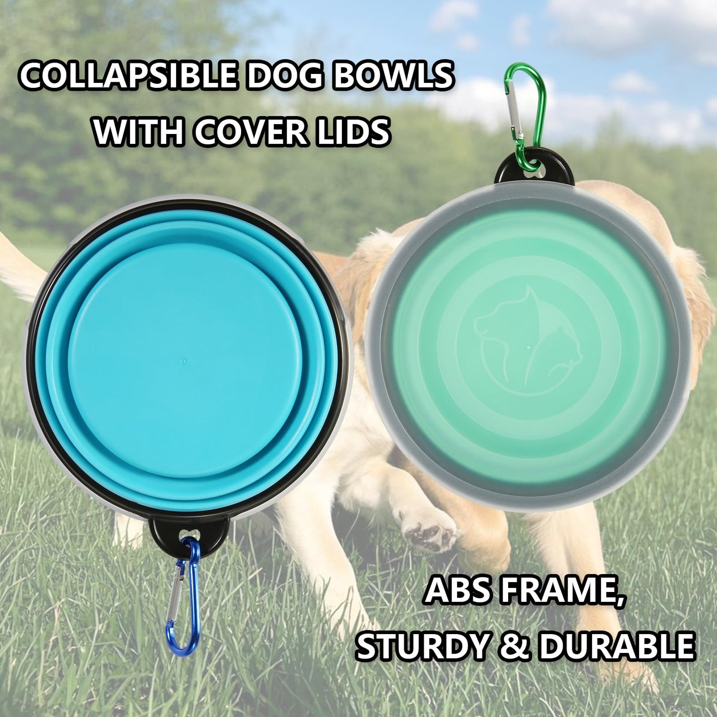 SLSON Collapsible Bowl with Cover Lids,2 Pack Dog Travel Bowls Portable Foldable Cat Water Dish Bowl for Pets Walking Parking Camping (Light Blue and Green, Small)