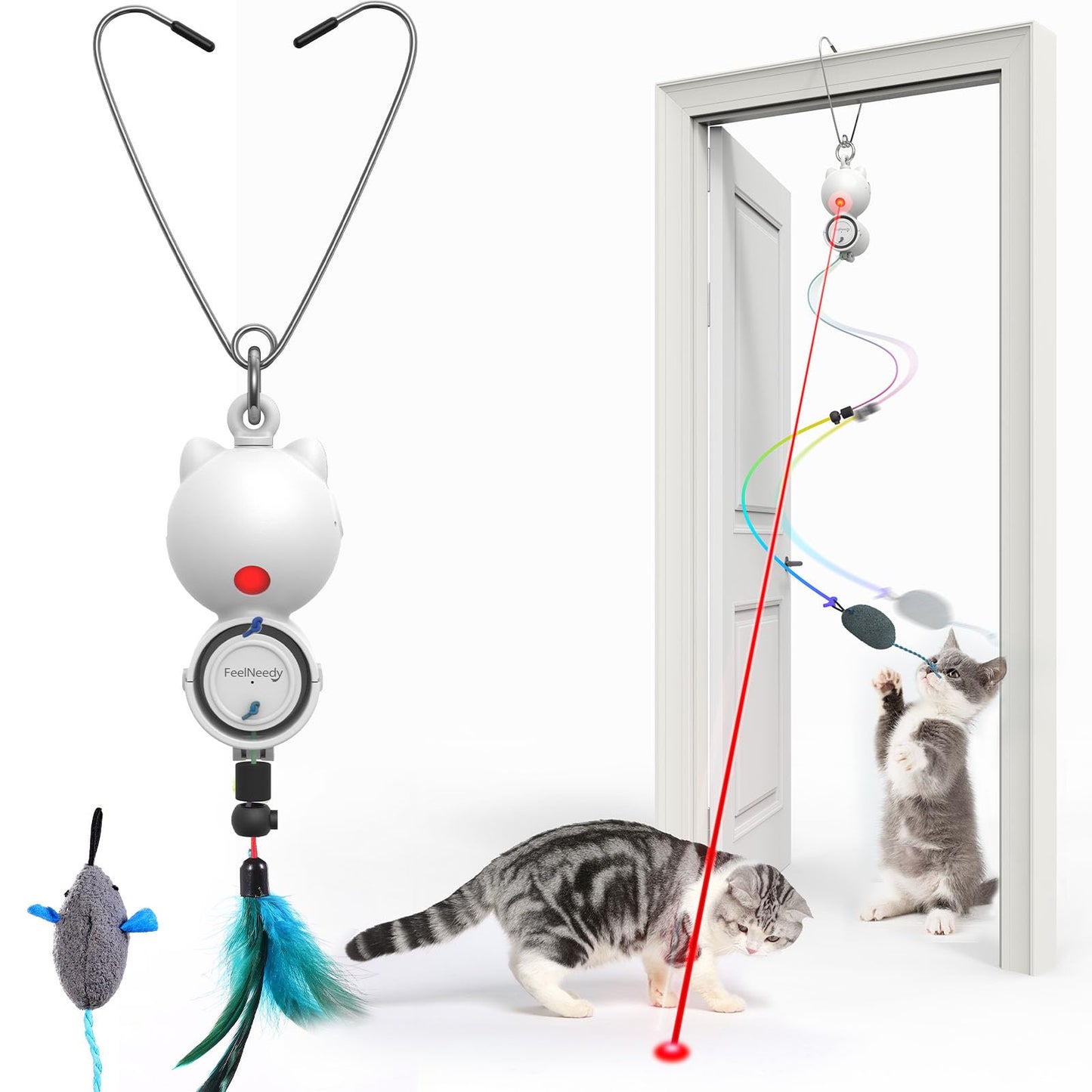 FEELNEEDY Laser Cat Toys for Indoor Cats, Interactive Cat Toy LED Light Hanging, Cats Wand Toy Feather, Feather & Mouse for Bored Adult Kitten Exercise, White