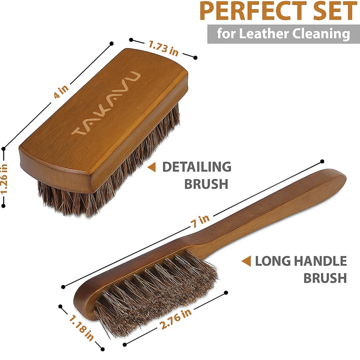 TAKAVU Leather & Upholstery Cleaning Brush Set, 100% Horse Hair Bristle, to Clean Car Seats & Leather Sofas, for Alcantara, Interiors, Furniture, Boots, Shoes, Bags and More