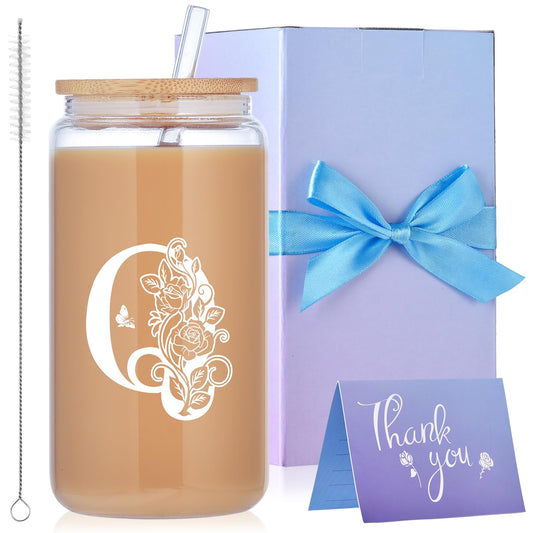 Initial Glass Cups with Lids and Straws, Monogrammed Gifts for Women, 16oz Beer Glass Tumbler, Iced Coffee Mug, Personalized Gift with Box and Card. Employee Appreciation Gifts Birthday Gift for Her