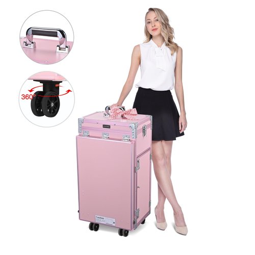 BYOOTIQUE Rolling Manicure Table Portable Nail Table Foldable Nail Desk Travel Makeup Train Case Cosmetic Trolley Storage Organizer with 4 Drawers Mirror & Speaker for Nail Tech Workstation Mua, Pink