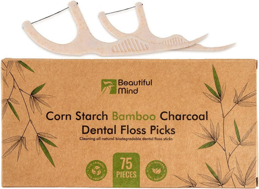 Organic Dental Floss Picks - Natural Biodegradable Floss Sticks with Strong Bamboo Charcoal Thread & Vegan Corn Starch Handle - No Plastics & No Artificial Flavours